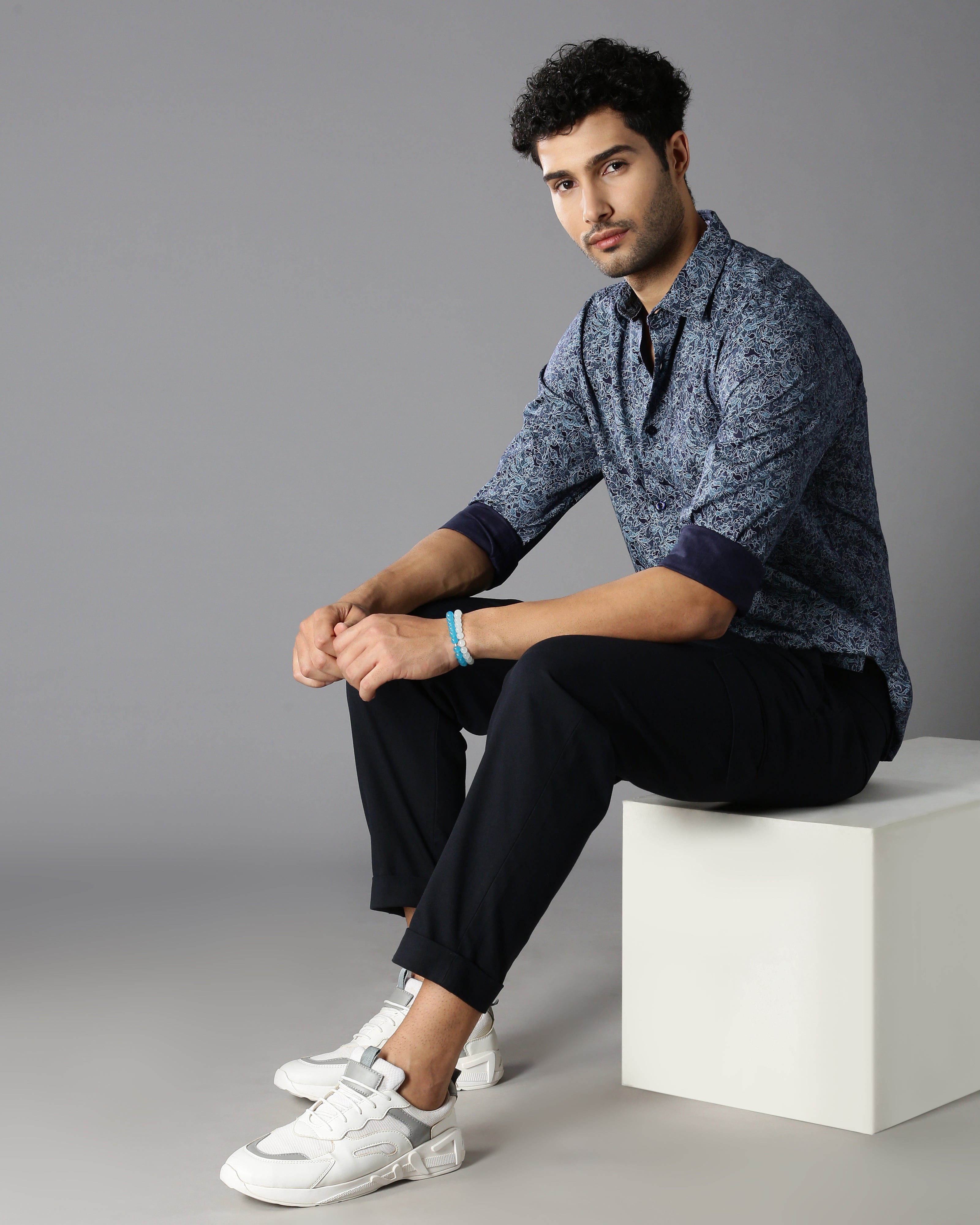 Men Blue Cotton Slim Shirt