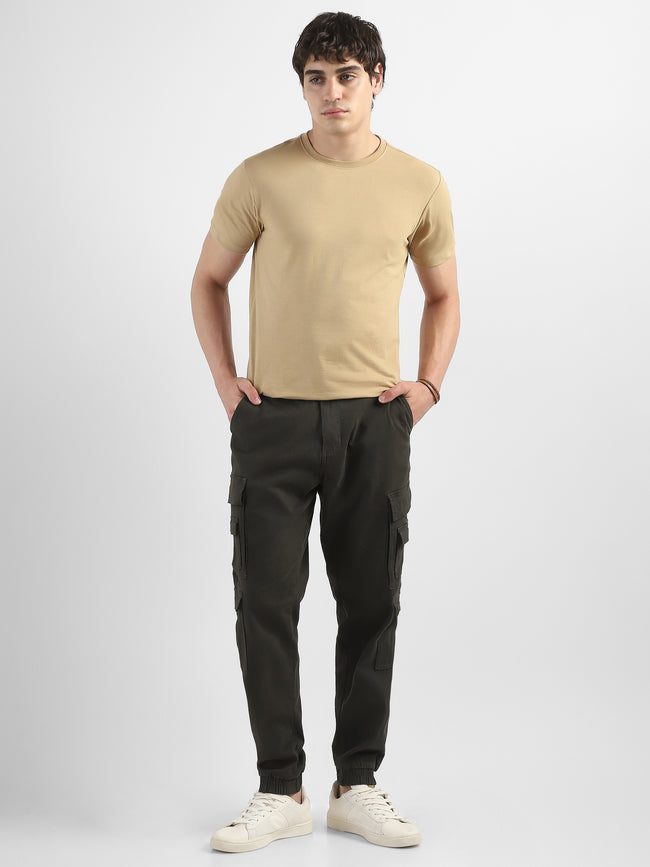 Men Olive Cotton Blend Cargo Pants with 12 pockets