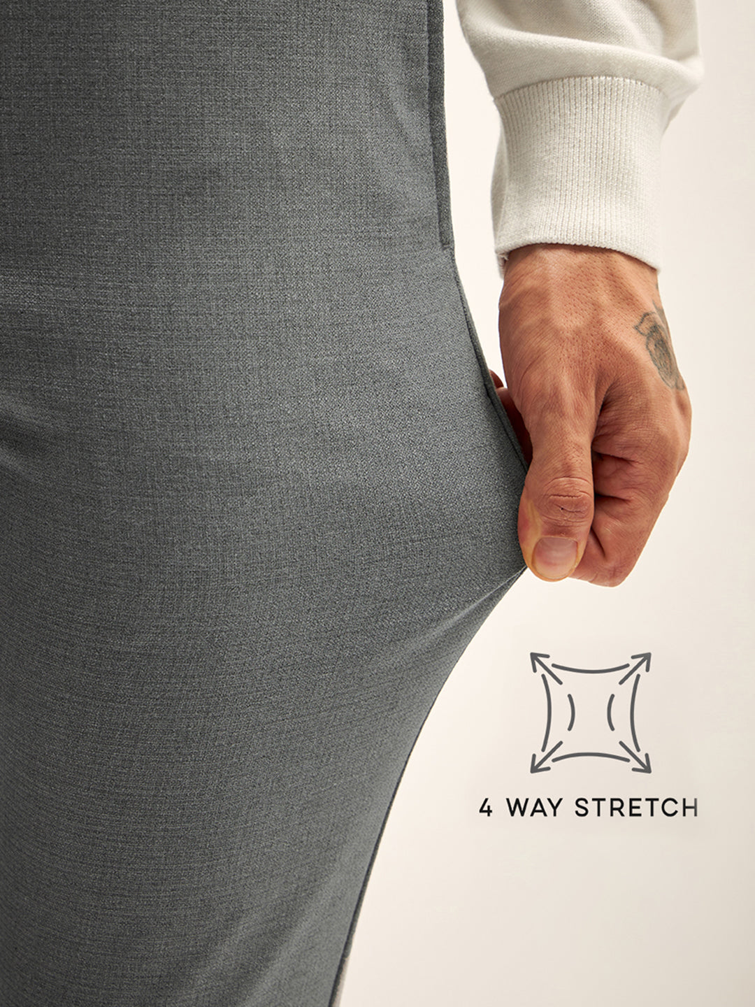 Men Grey Solid 4 Way Stretch Formal Trouser