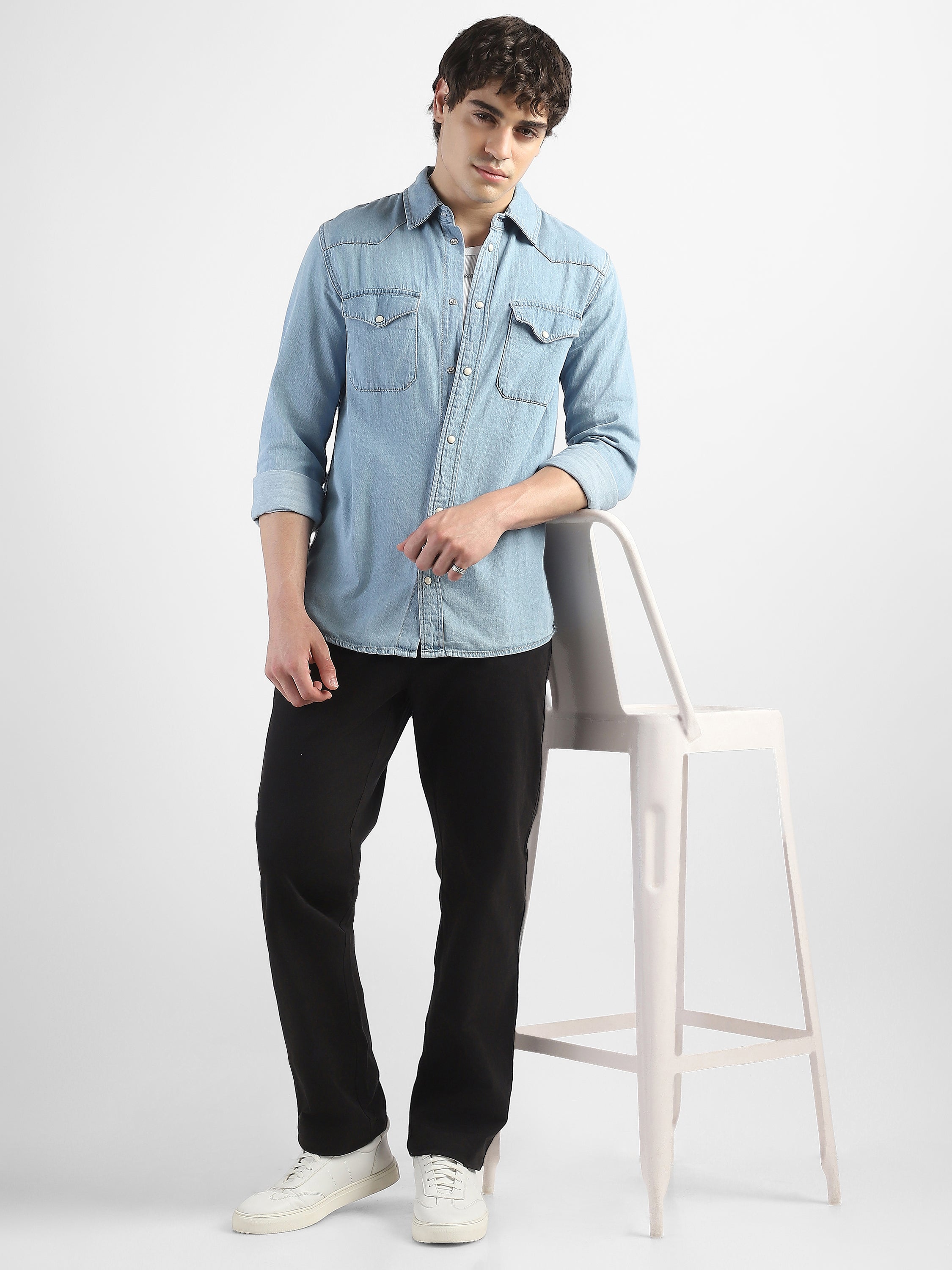 Men Denim Blue Regular Fit Shirt with Two Pockets