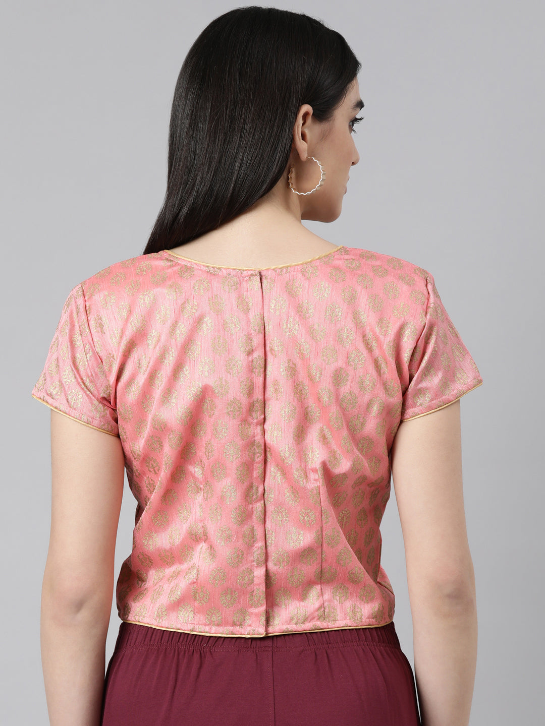 Pink Solid Short Sleeves Mandarin Collar Dupion Silk Knot Blouse
