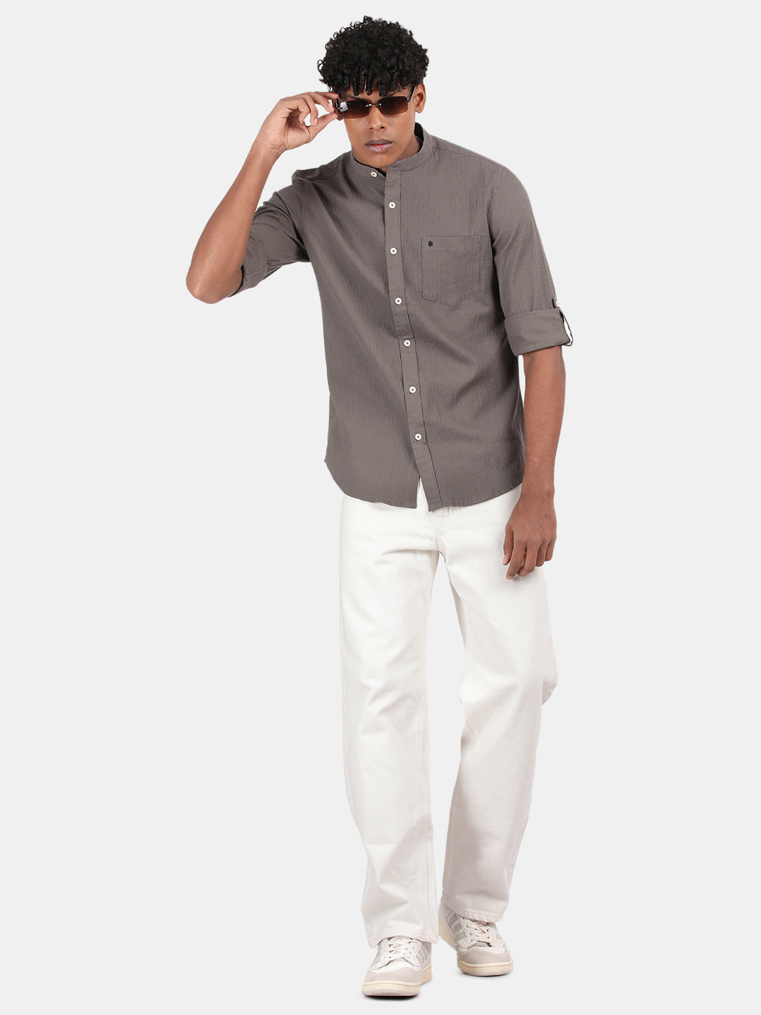 Men Grey Slim Fit Mandarin Collar Full Sleeve Casual Shirt