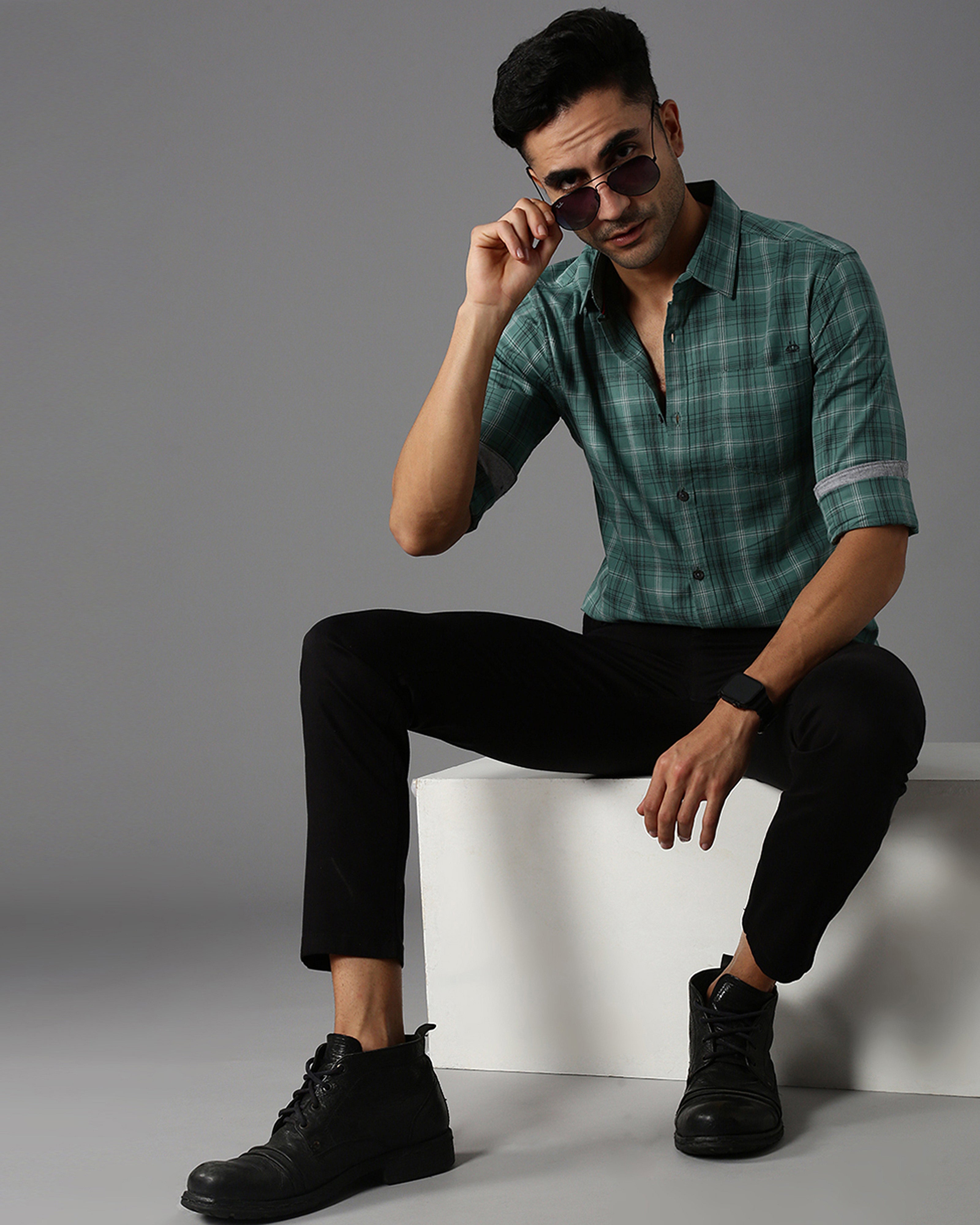 Men Green Cotton Slim Shirt