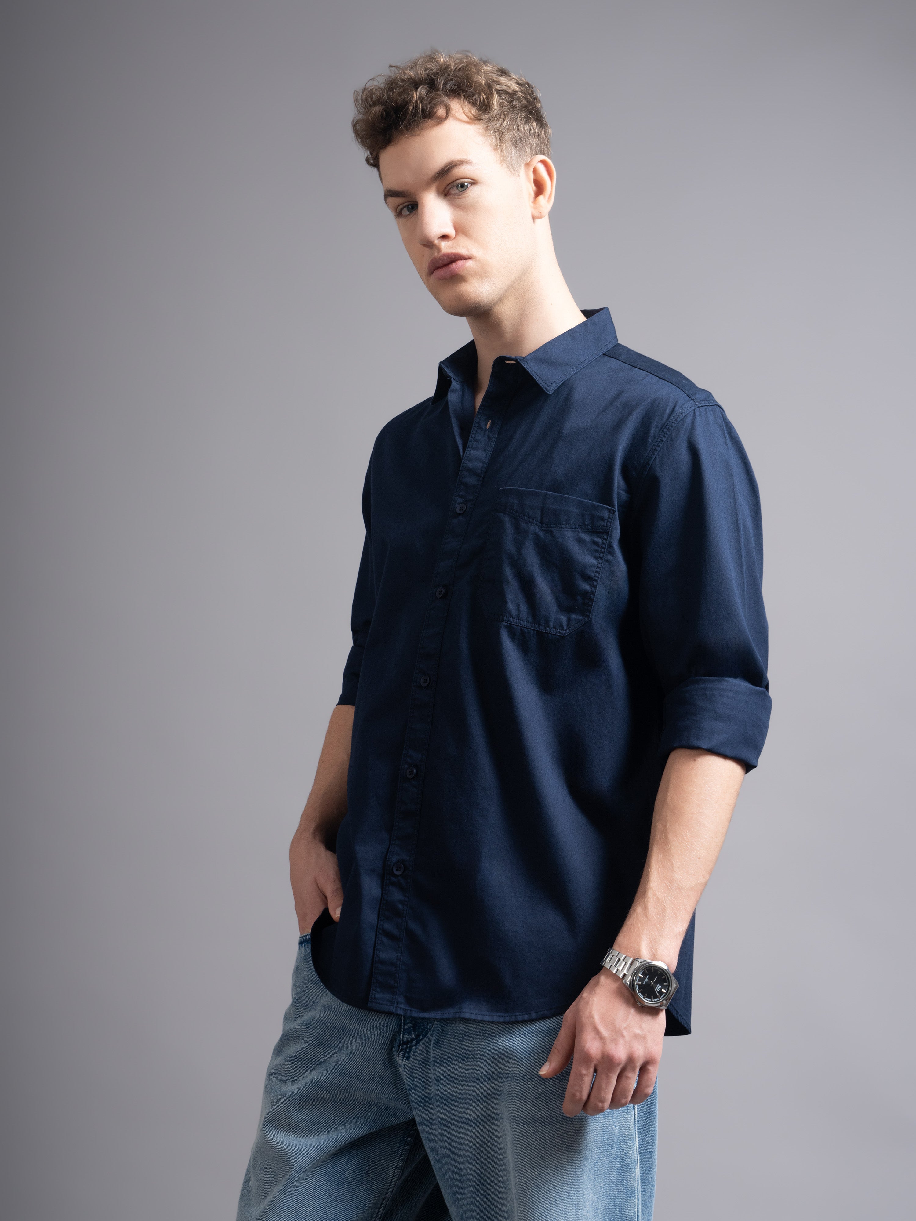 Men Navy Blue Twill Shirt