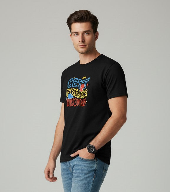 Men Printed Black Cotton Tshirt
