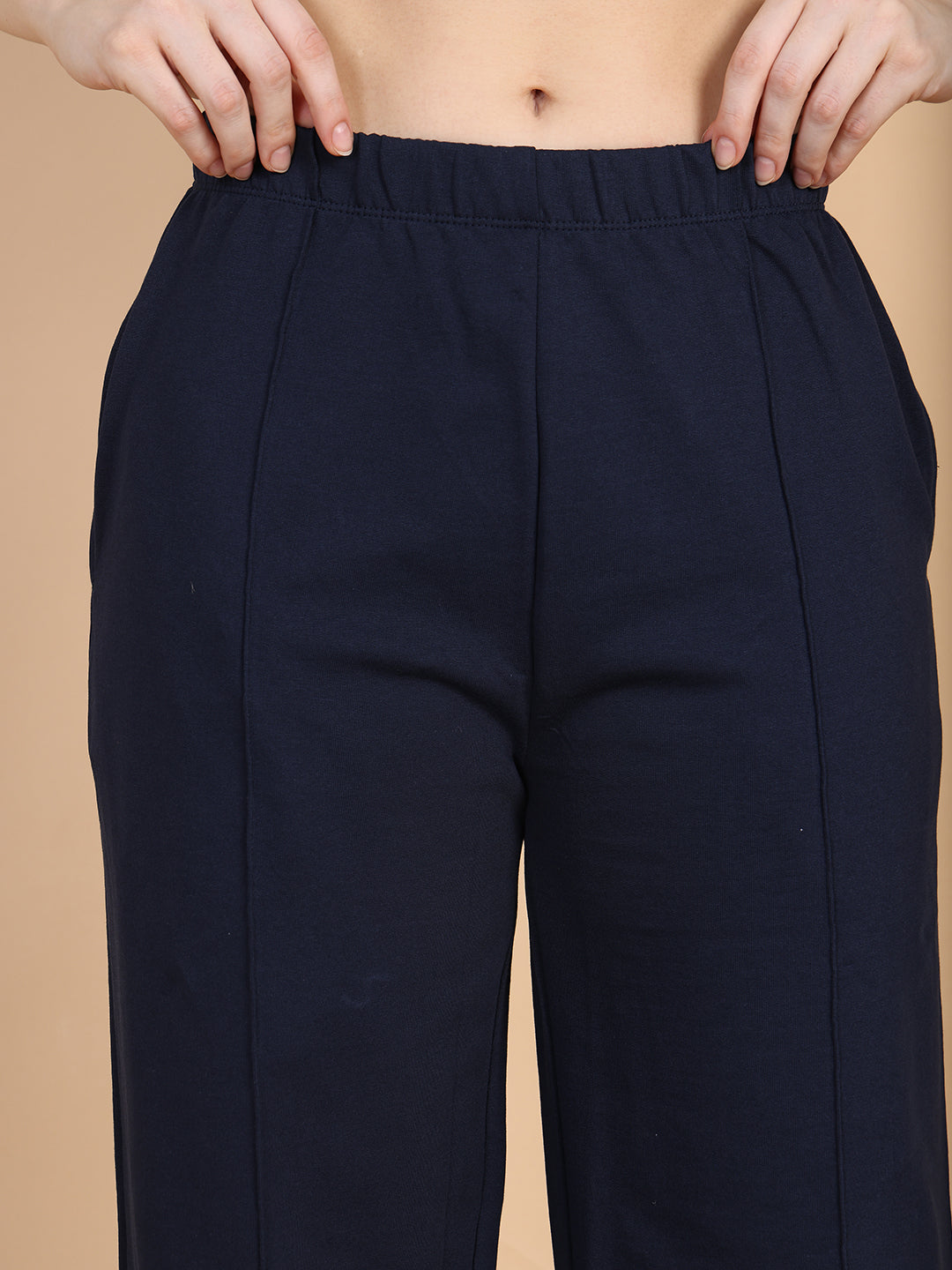 Women Navy Pleated Flare Straight Pant