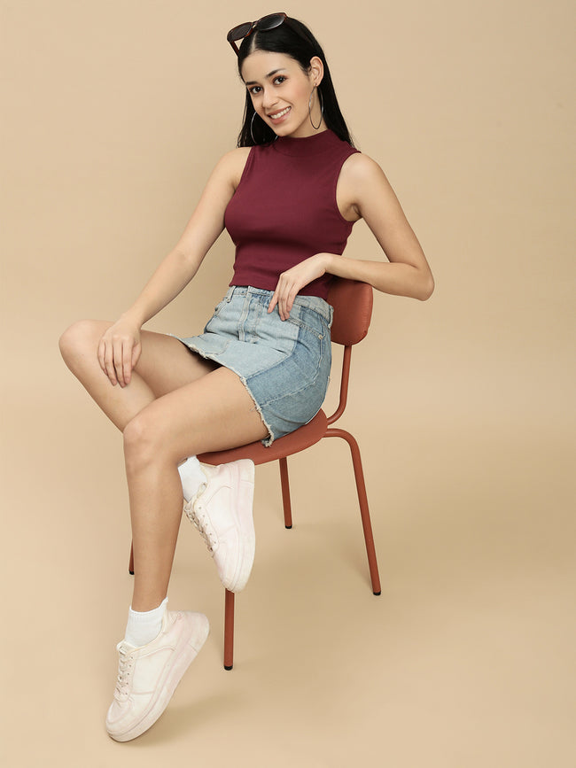 Women Burgundy Sleeveless Crop Top