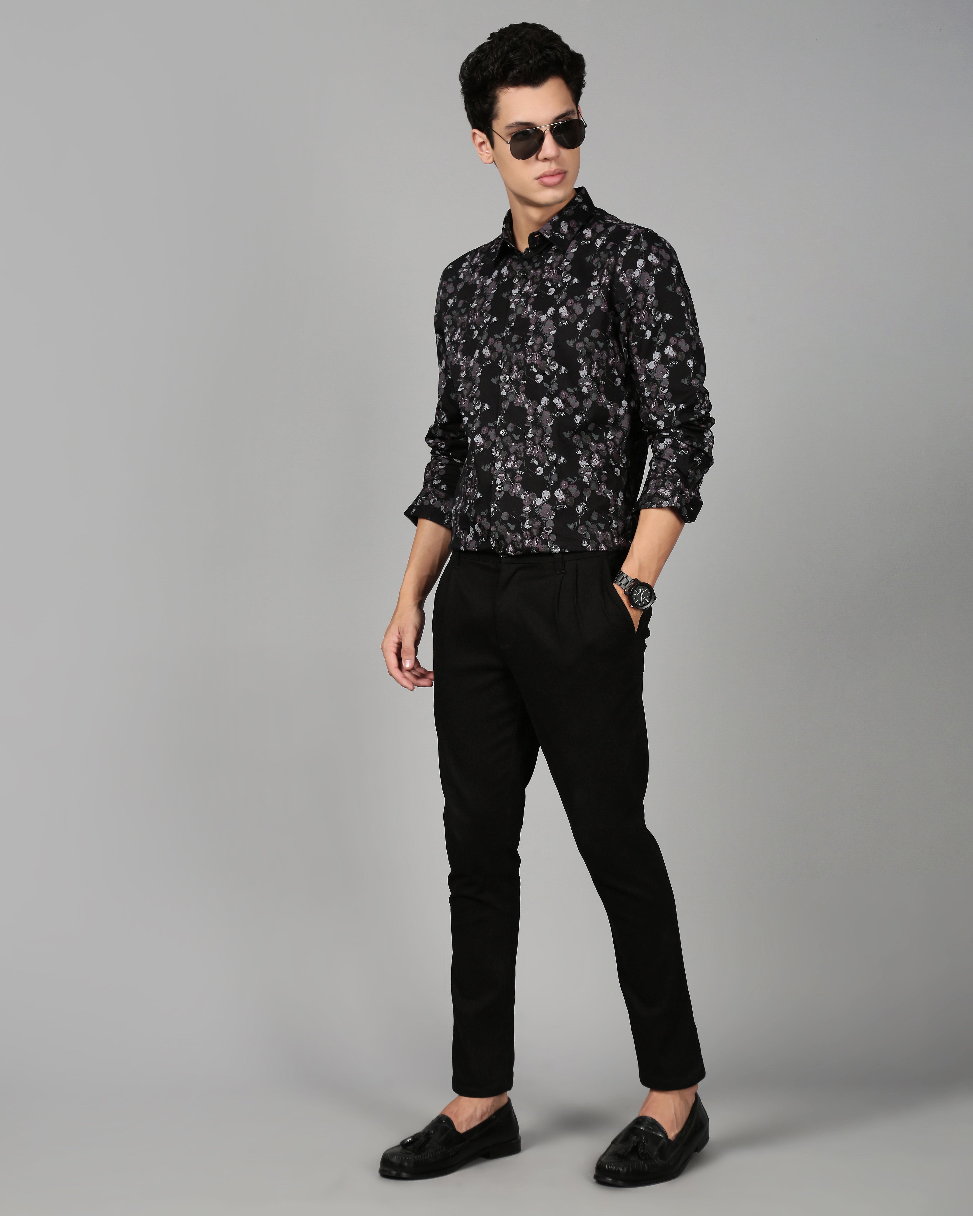 Men Black Floral Print Shirt