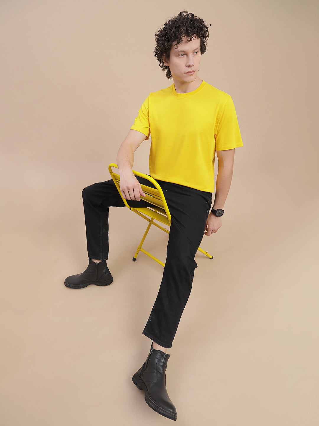 Men Mustard Crew Neck T-Shirt