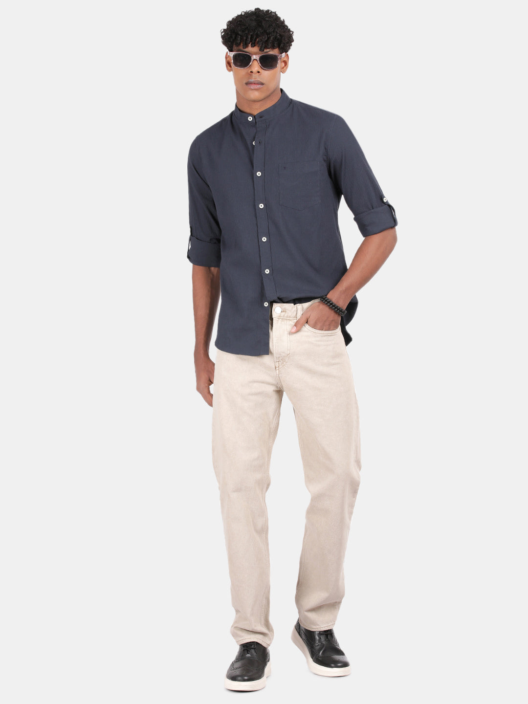 Men Blue Slim Fit Mandarin Collar Full Sleeve Casual Shirt