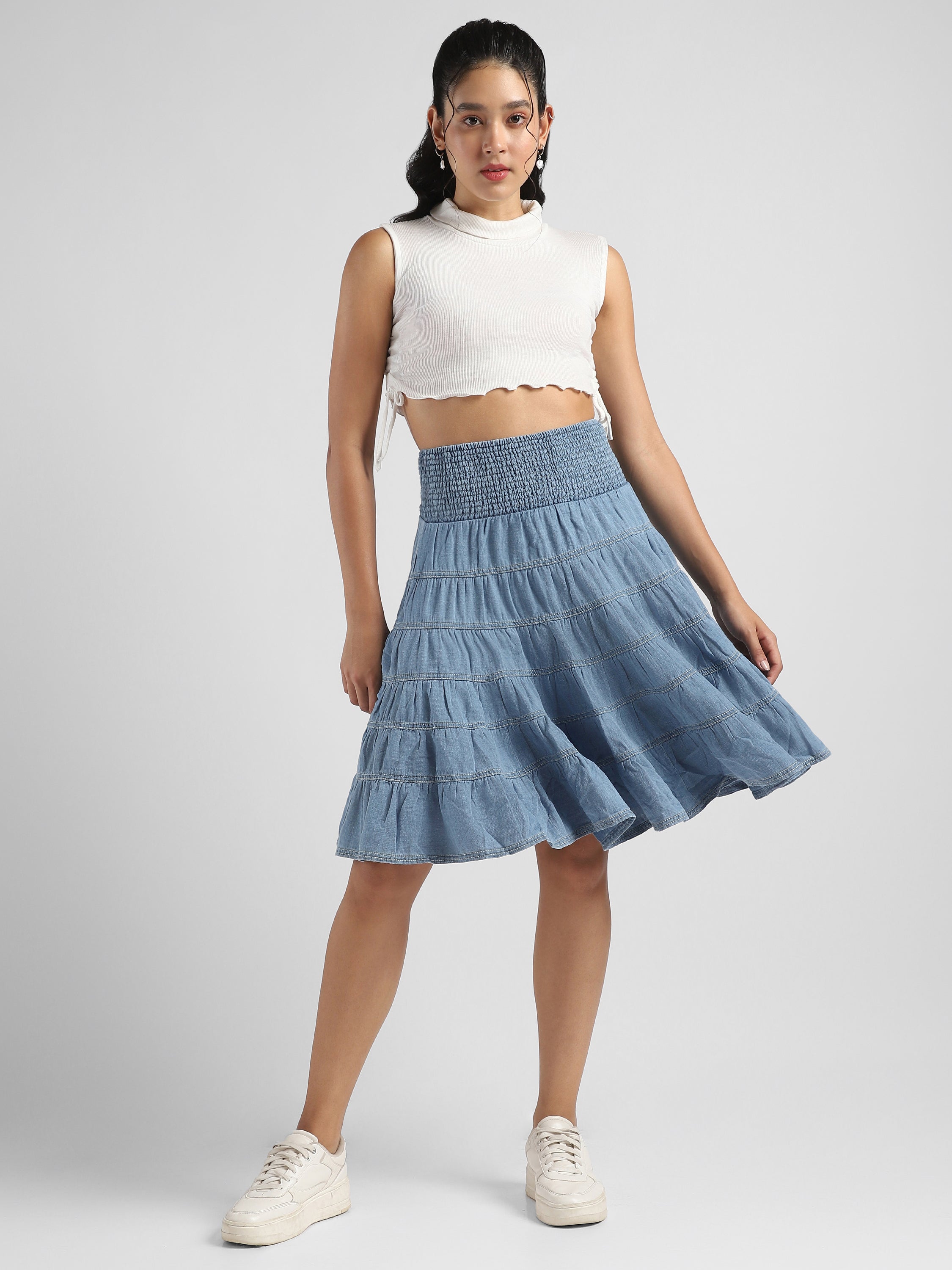 Women Blue Tier Denim Skirt with Smocked Waist