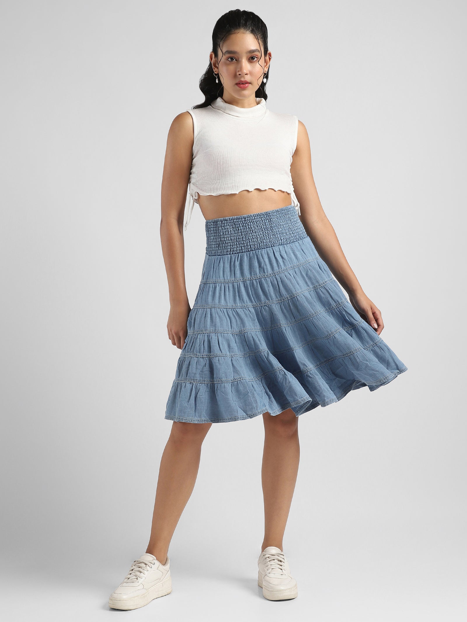 Women Blue Tier Denim Skirt with Smocked Waist