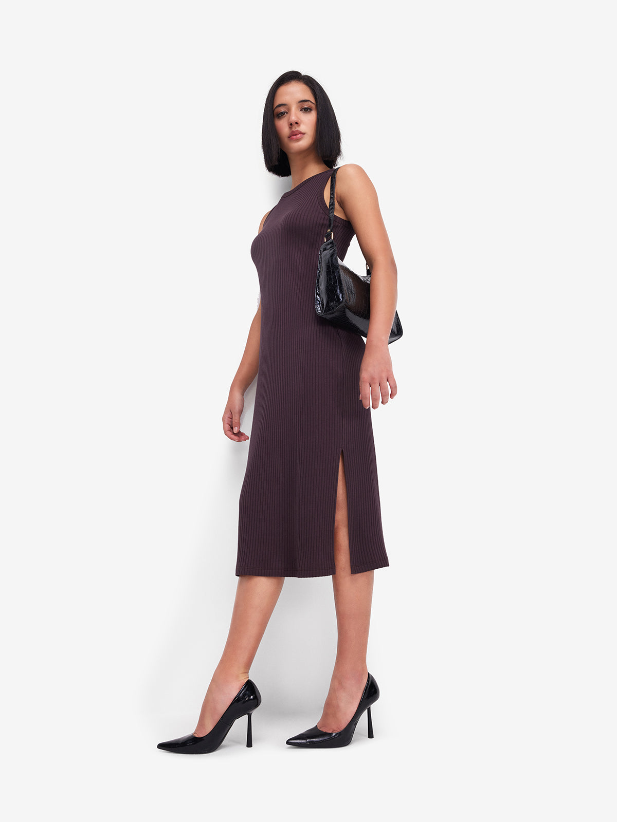 Women Brown Ribbed Side Slit Midi Dress