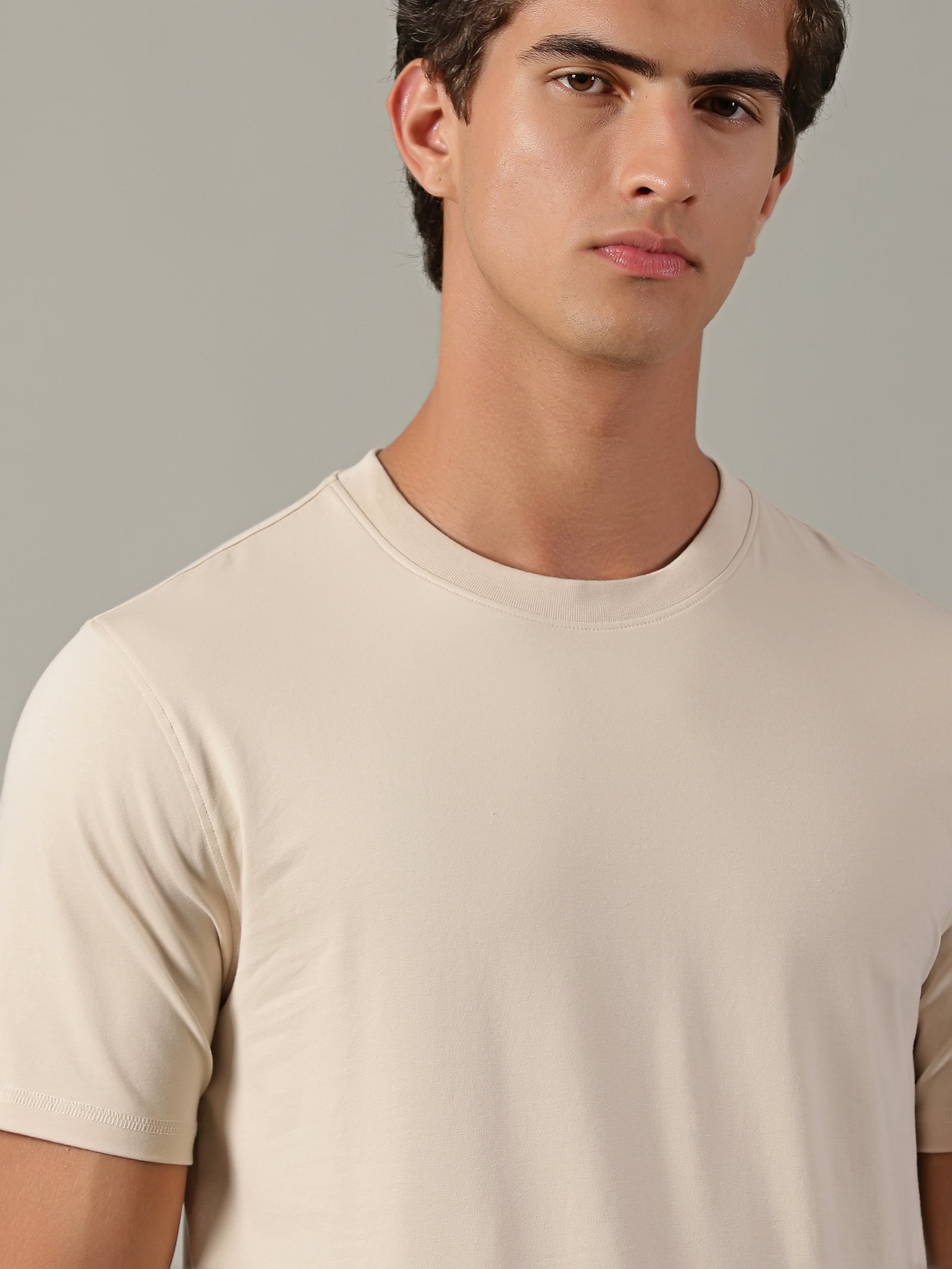 Men Beige Crew Neck T-Shirt