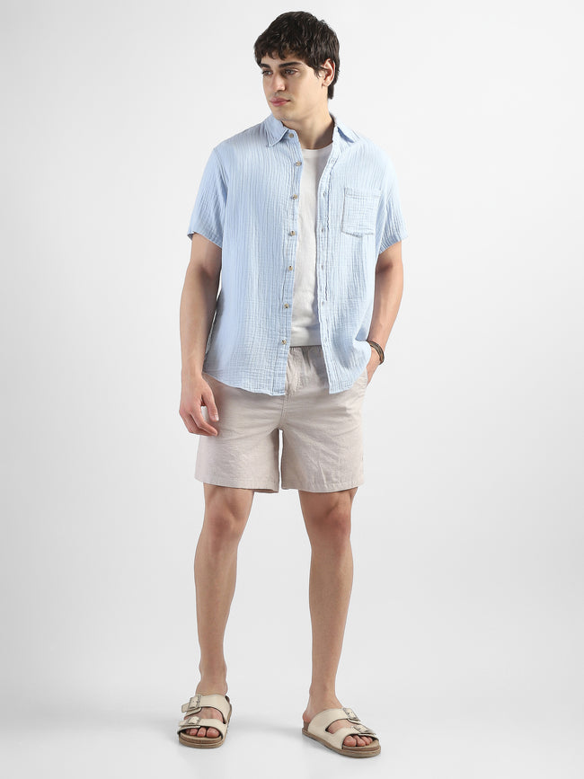 Men Blue Double Cloth Casual Shirt