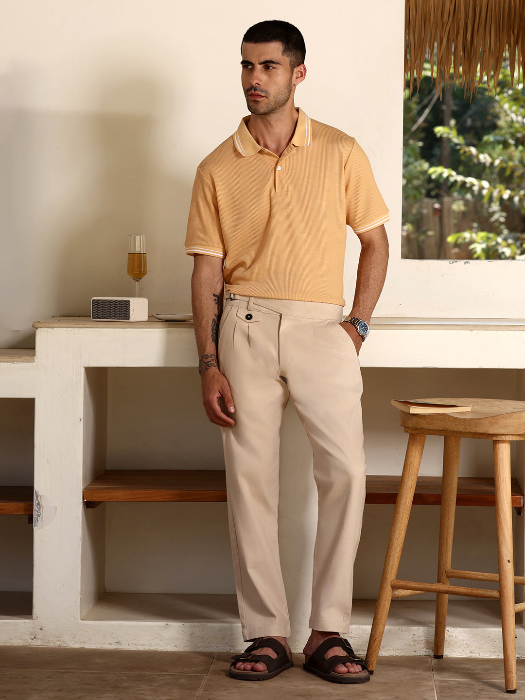 Men Peach Waffle Knit Polo T-Shirt