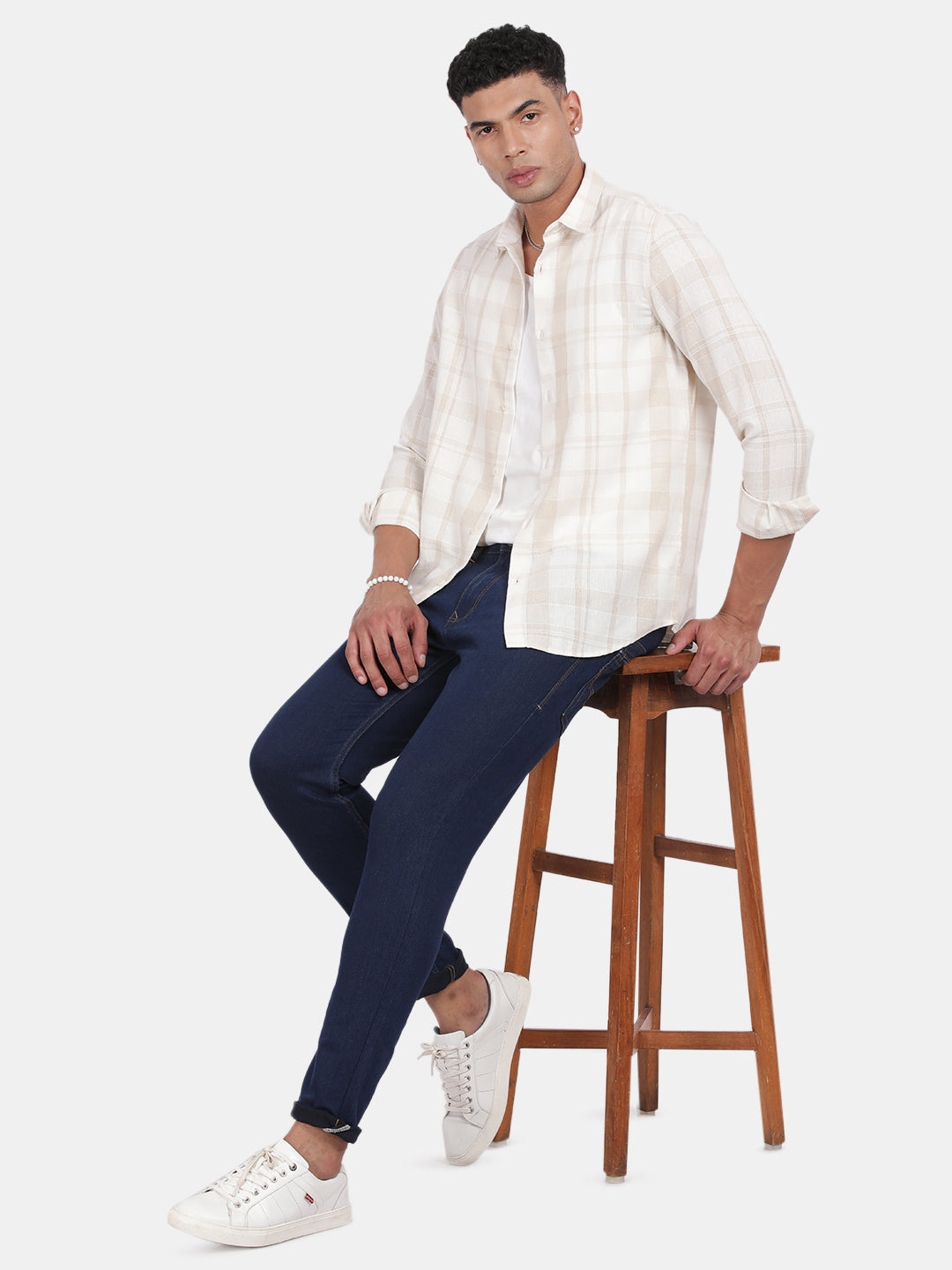 Men Light cream Slim Fit Spread Collar Full Sleeve Casual Shirt