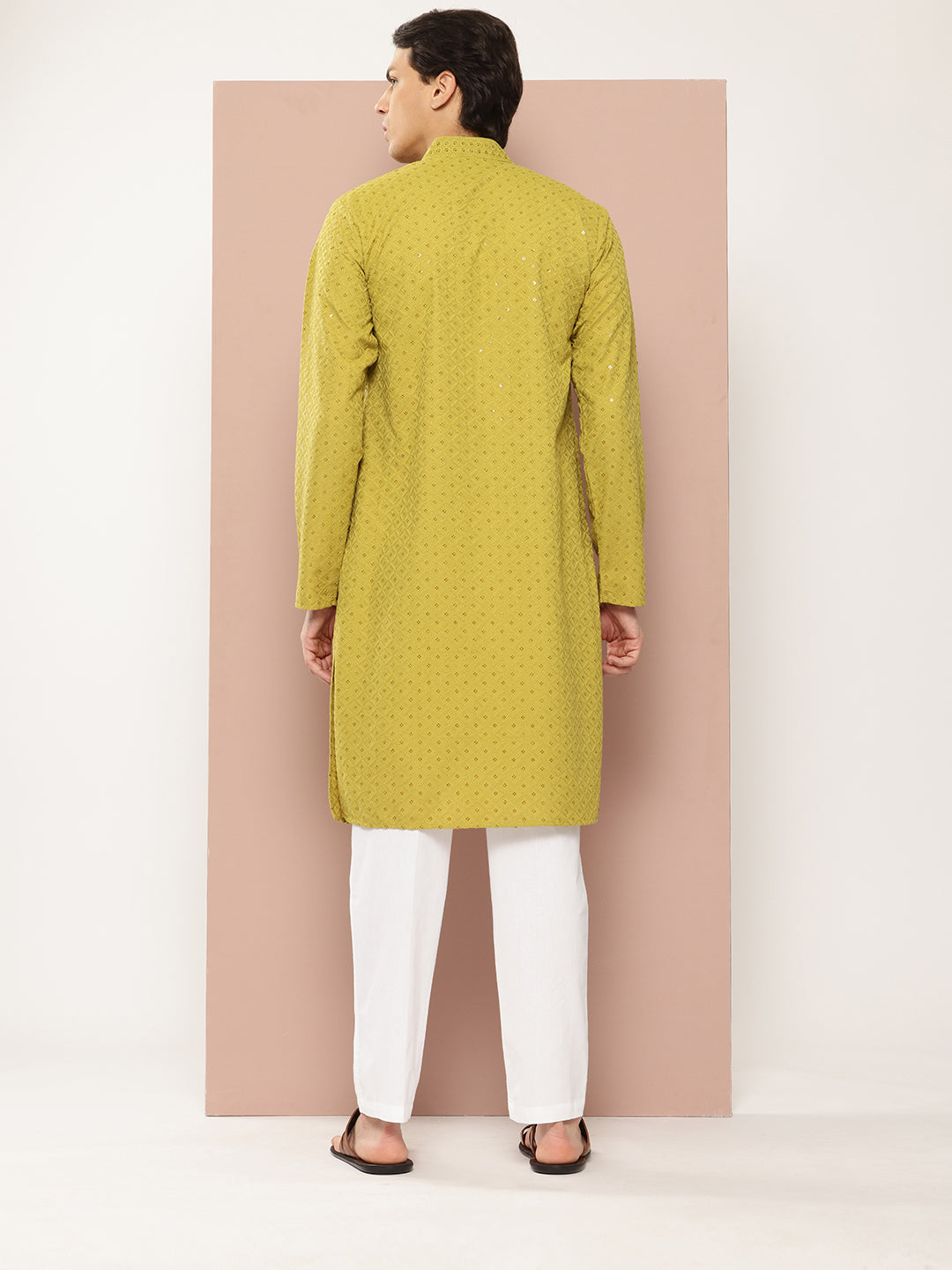 Men Lime Green Embroidered Sequined Rayon Kurta