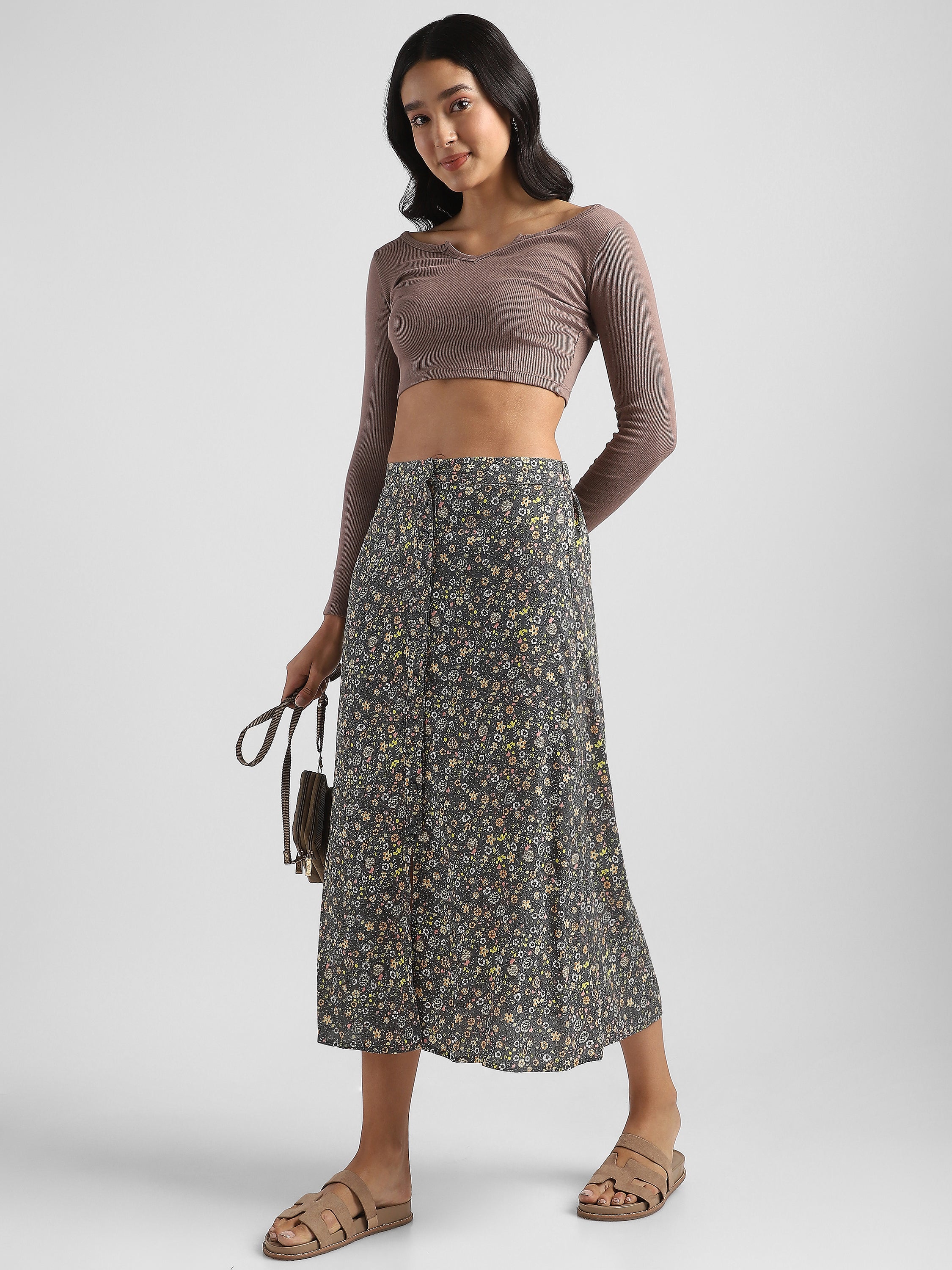 Women Grey Floral Printed Straight Fit Skirt