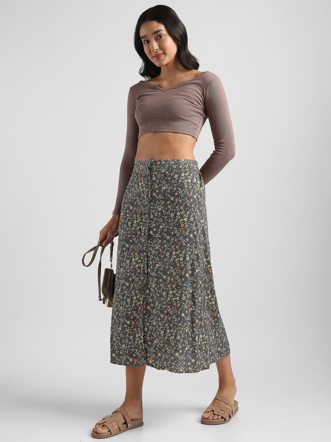 Women Grey Floral Printed Straight Fit Skirt