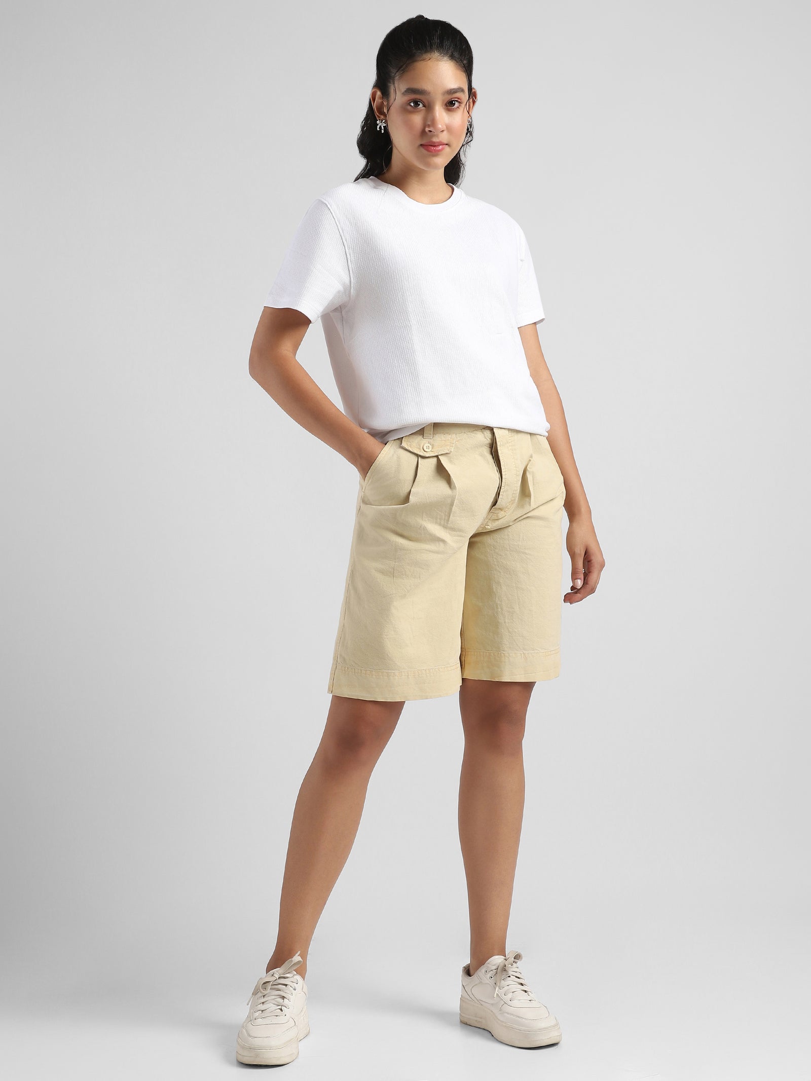 Women Beige Regular Fit High Waist shorts