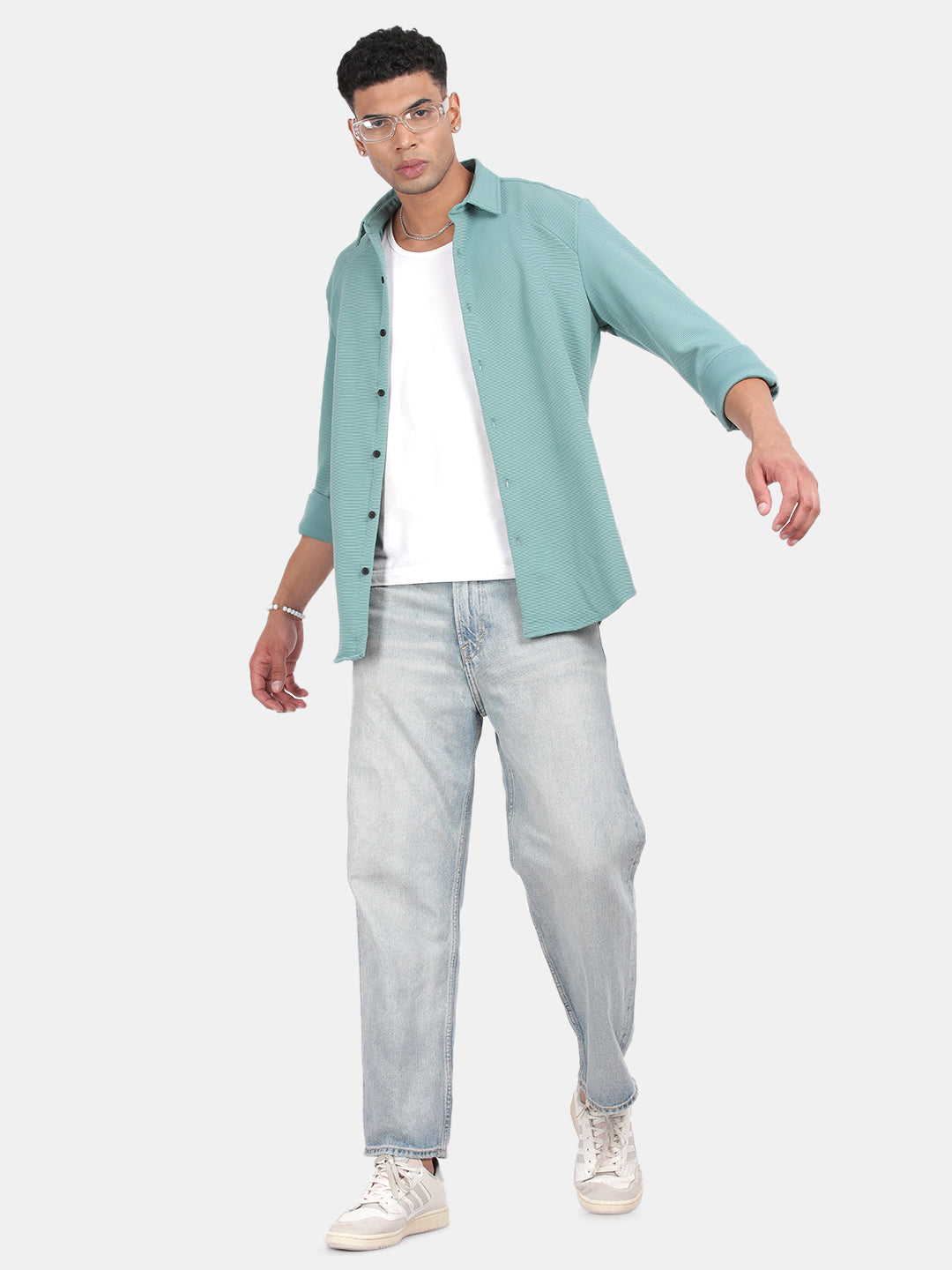 Men Light Green Slim Fit Spread Collar Full Sleeve Casual Shirt