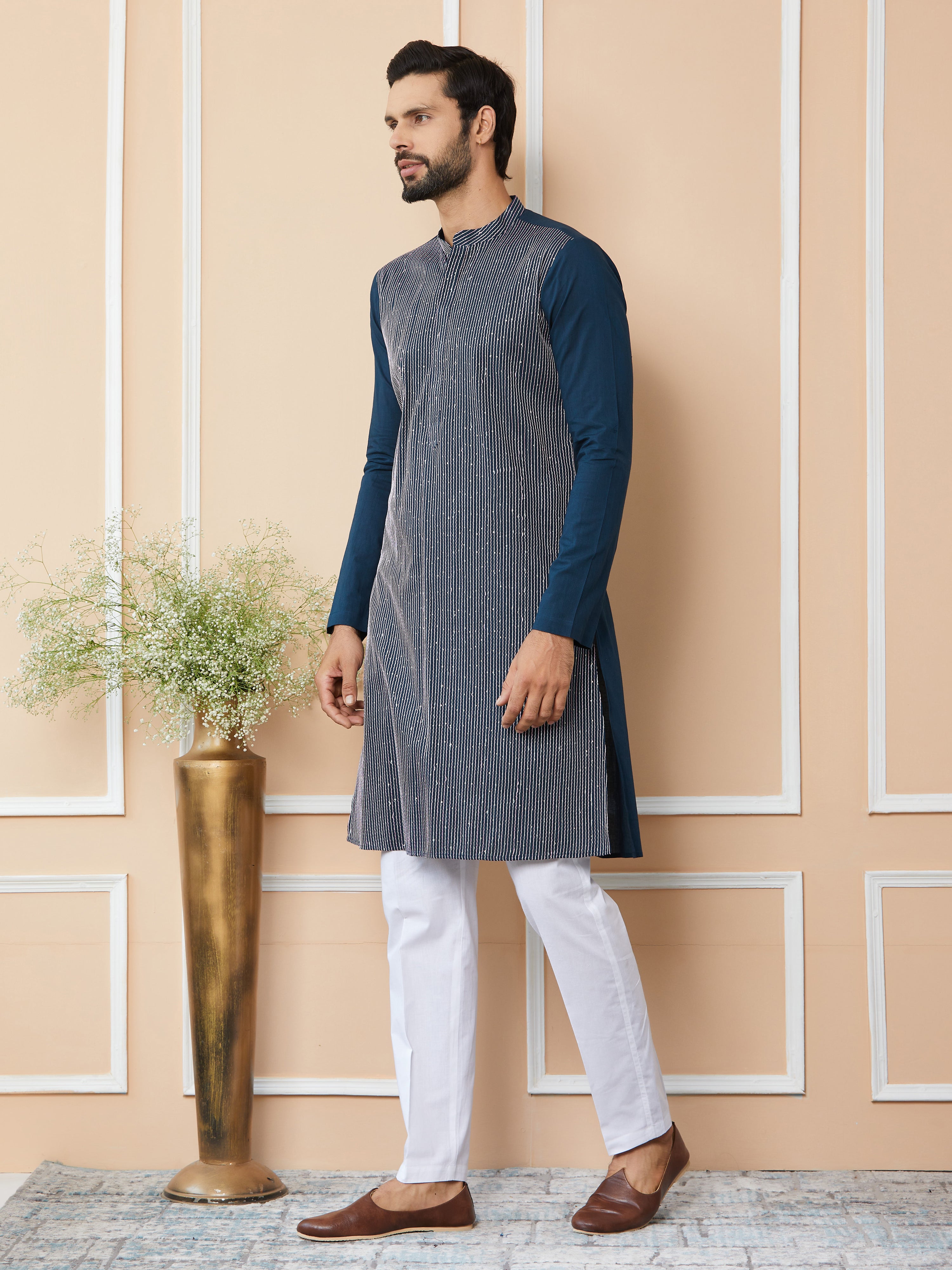 Men Dark Blue Thread & Sequin Worked Pure Cotton Straight Kurta