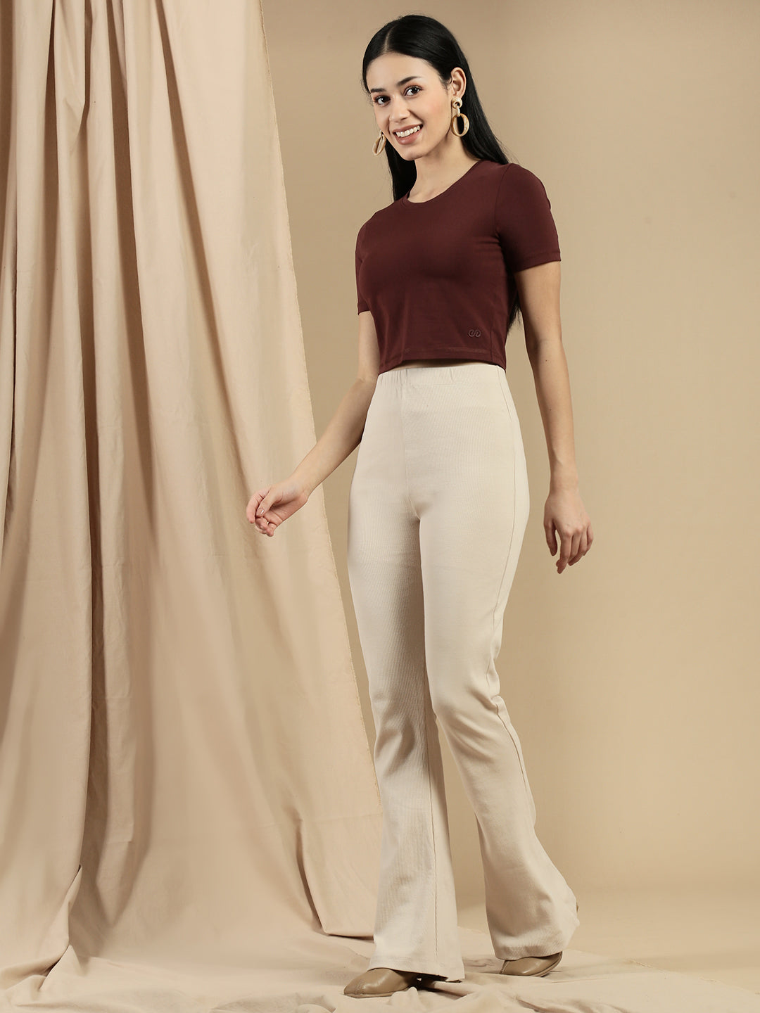 Women Brown Half Sleeve Crop Top