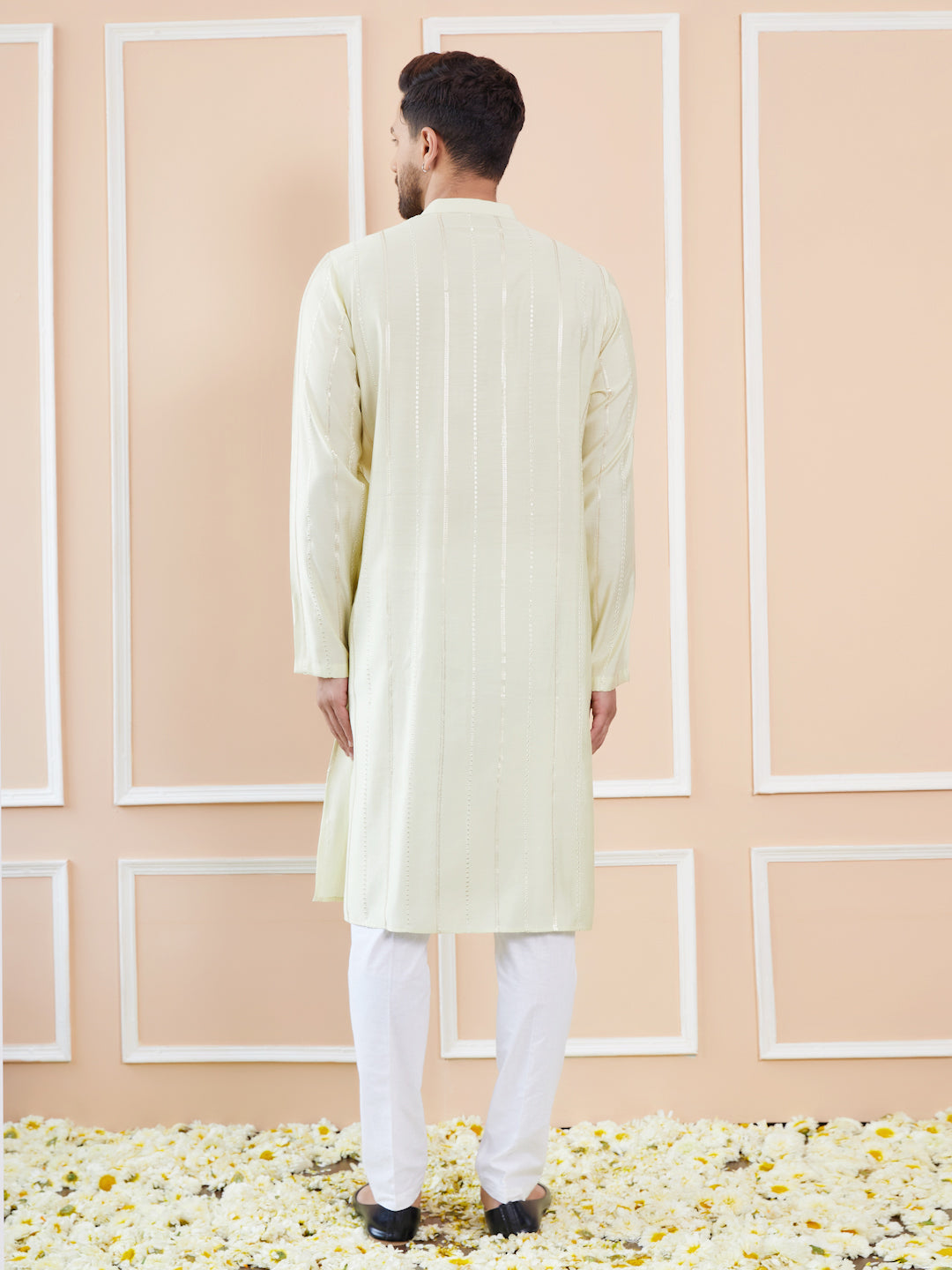 Men Cream And Gold Chanderi Silk Sequins Kurta