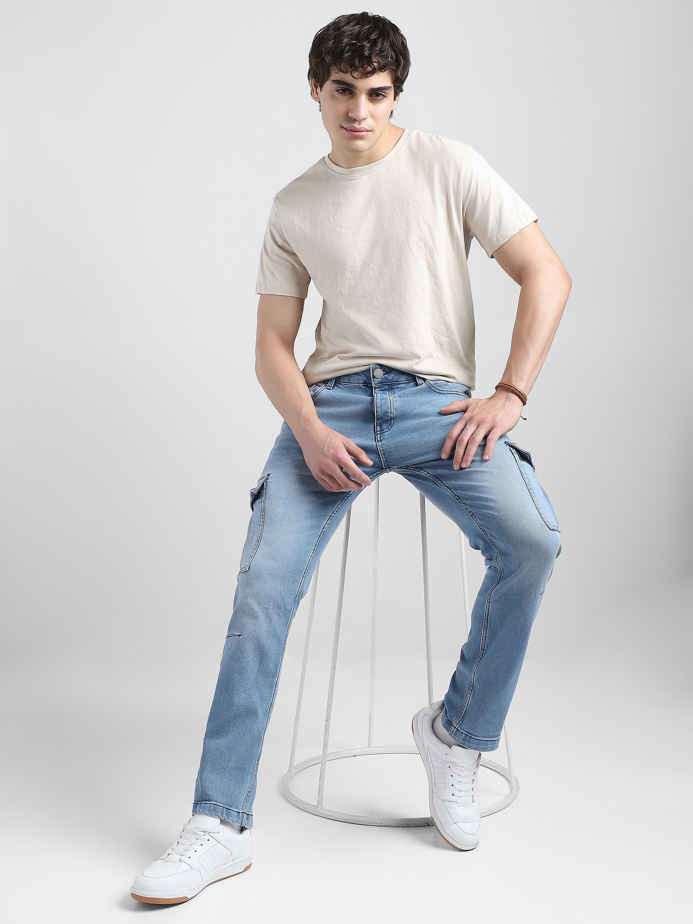 Men Blue Denim Mid Rise Cargo Pants