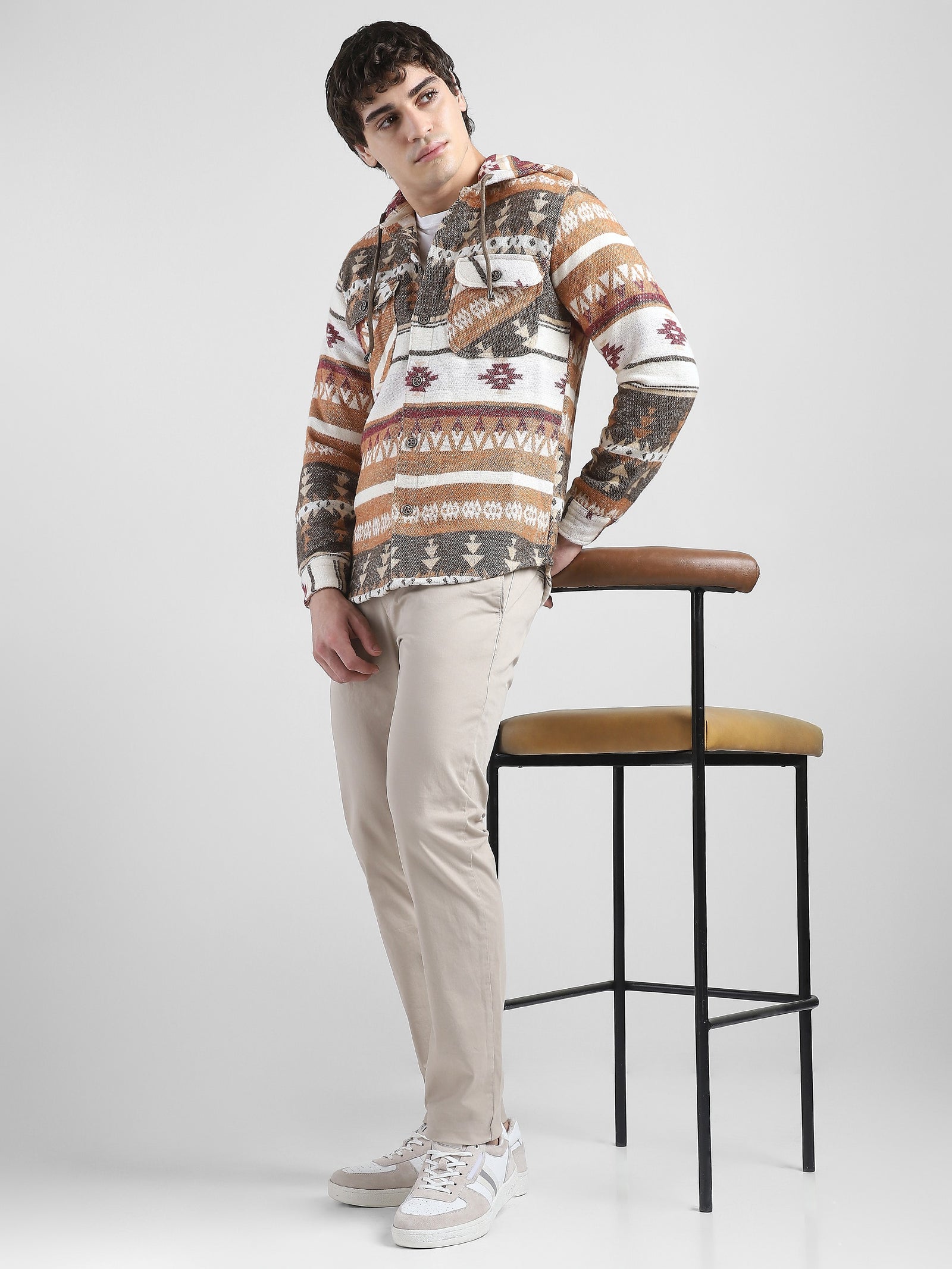 Men Orange Brown Comfort Fit Shacket