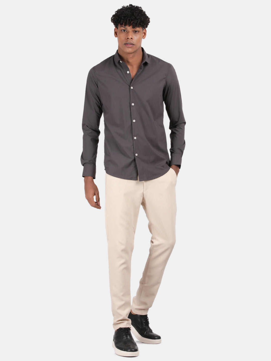 Men Dark Grey Slim Fit Spread Collar Full Sleeve Casual Shirt