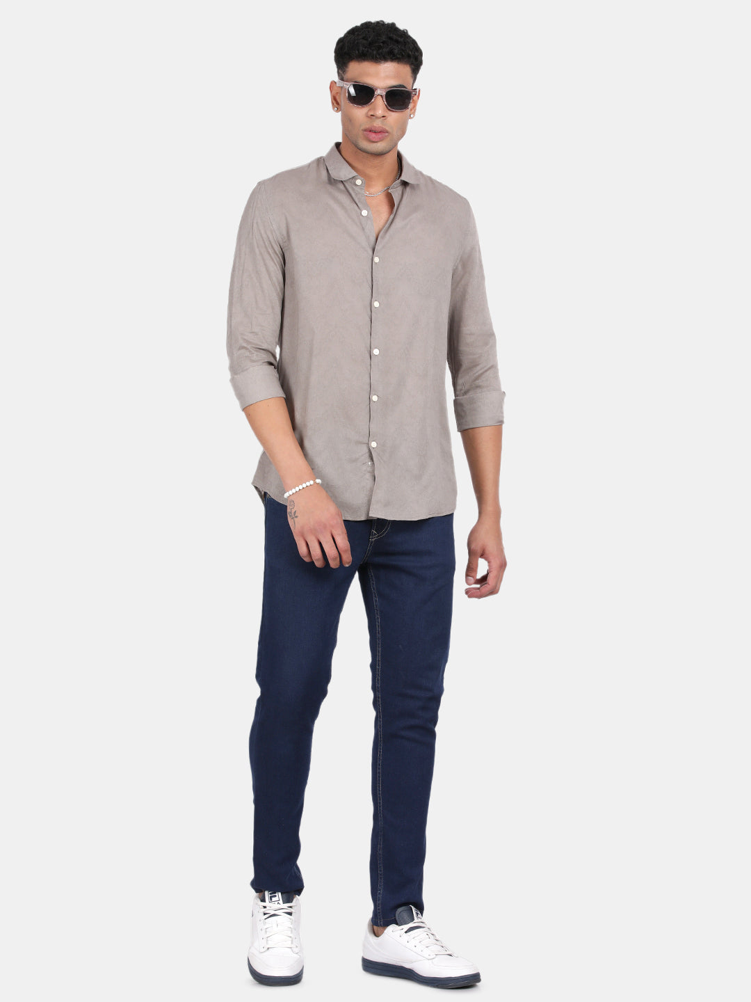 Men Grey Slim Fit Spread Collar Full Sleeve Casual Shirt