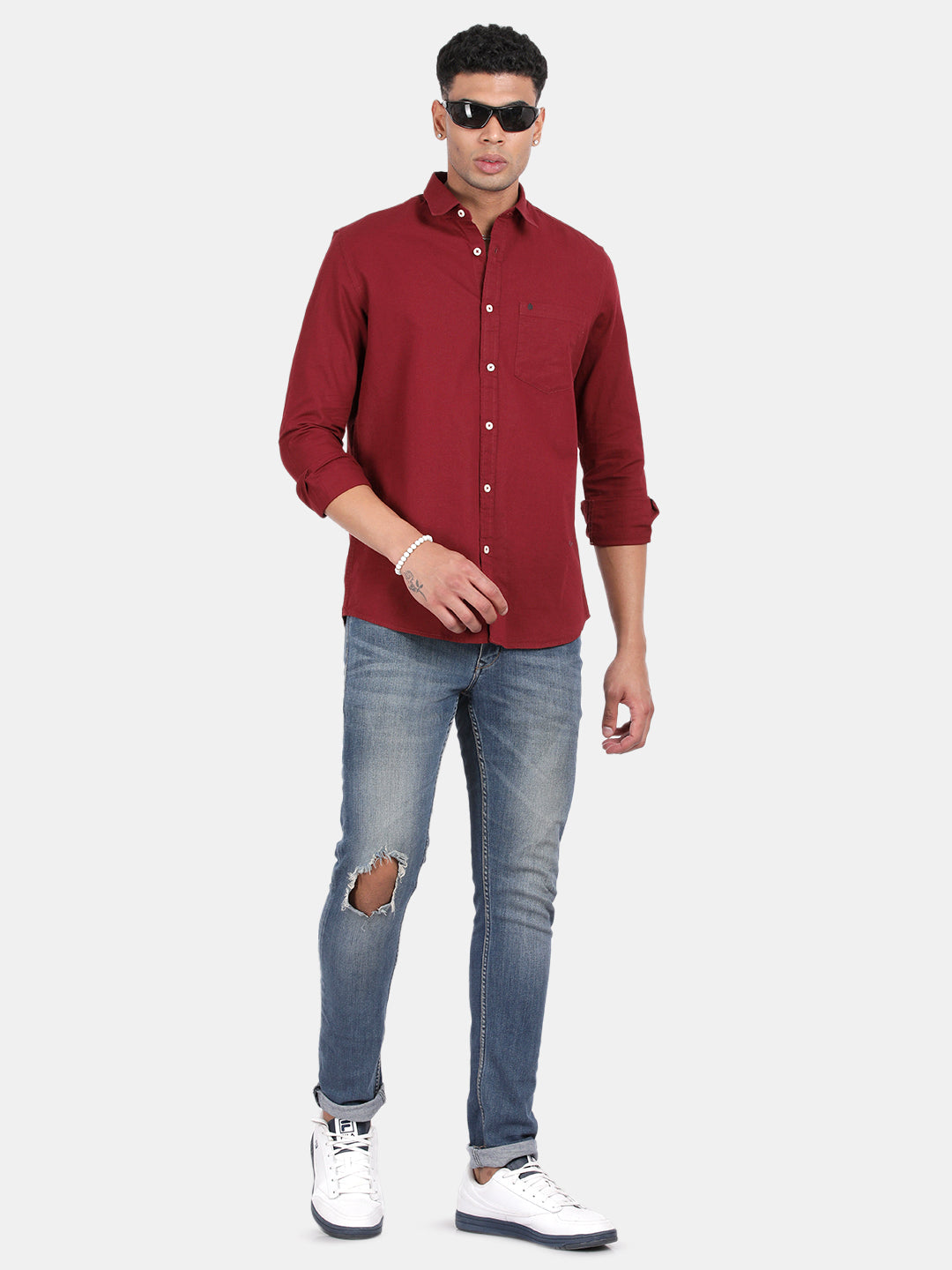 Men Maroon Slim Fit Spread Collar Full Sleeve Casual Shirt