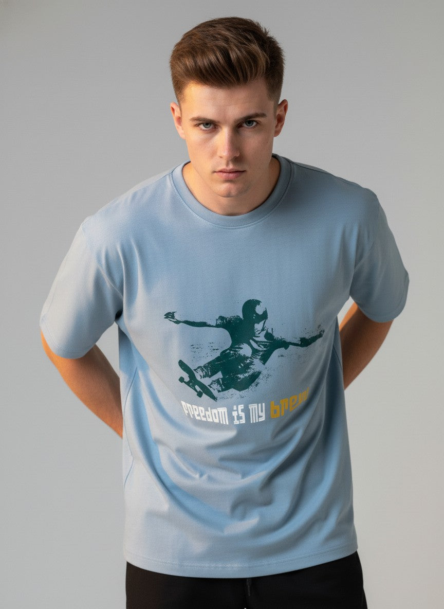 Men Cotton Ice Blue T-Shirt
