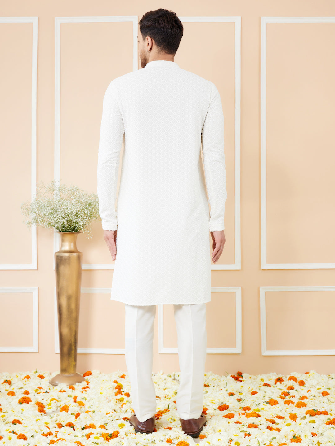Men  White Embroidered Sequined Rayon Kurta