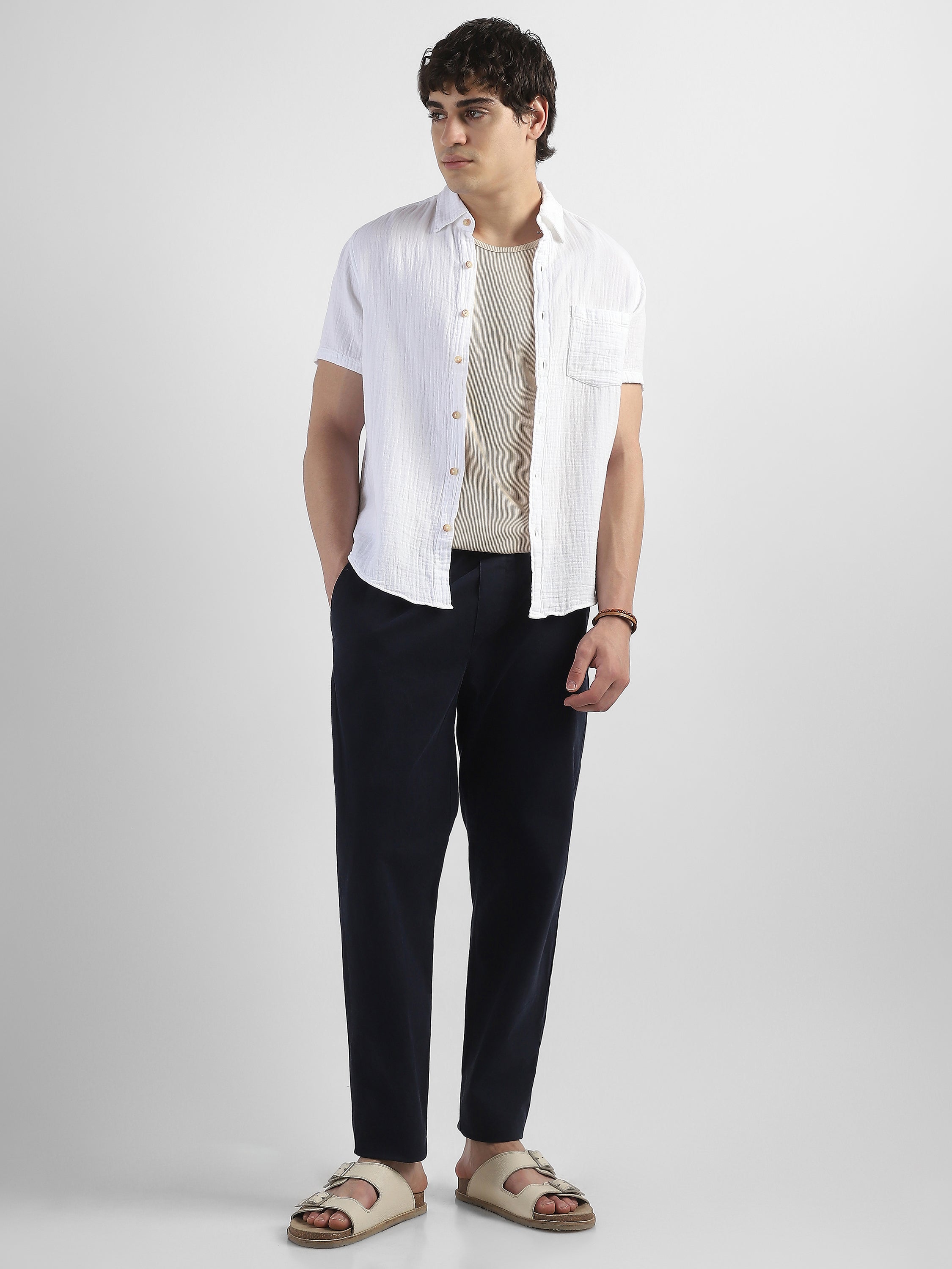 Men White Double Cloth Casual Shirt