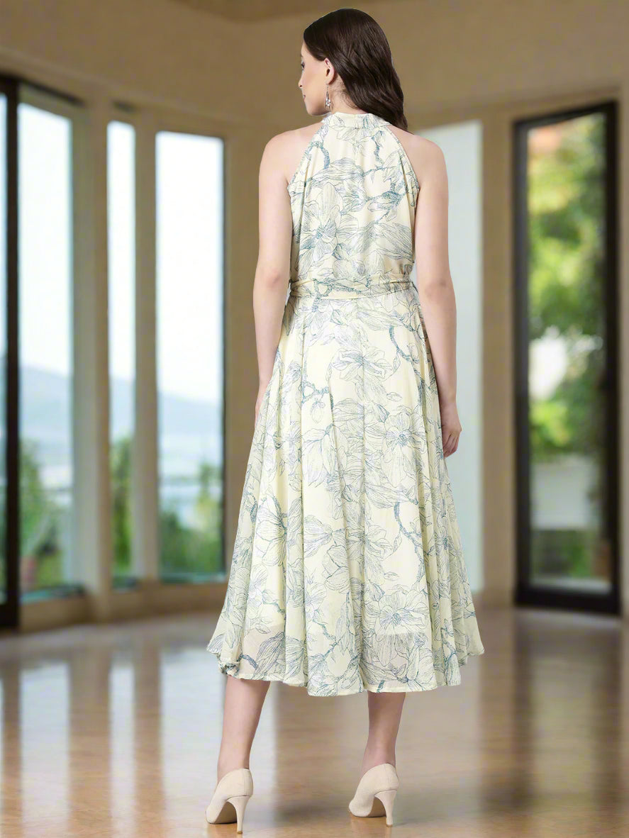 Women Cream Floral Chiffon Maxi Dress