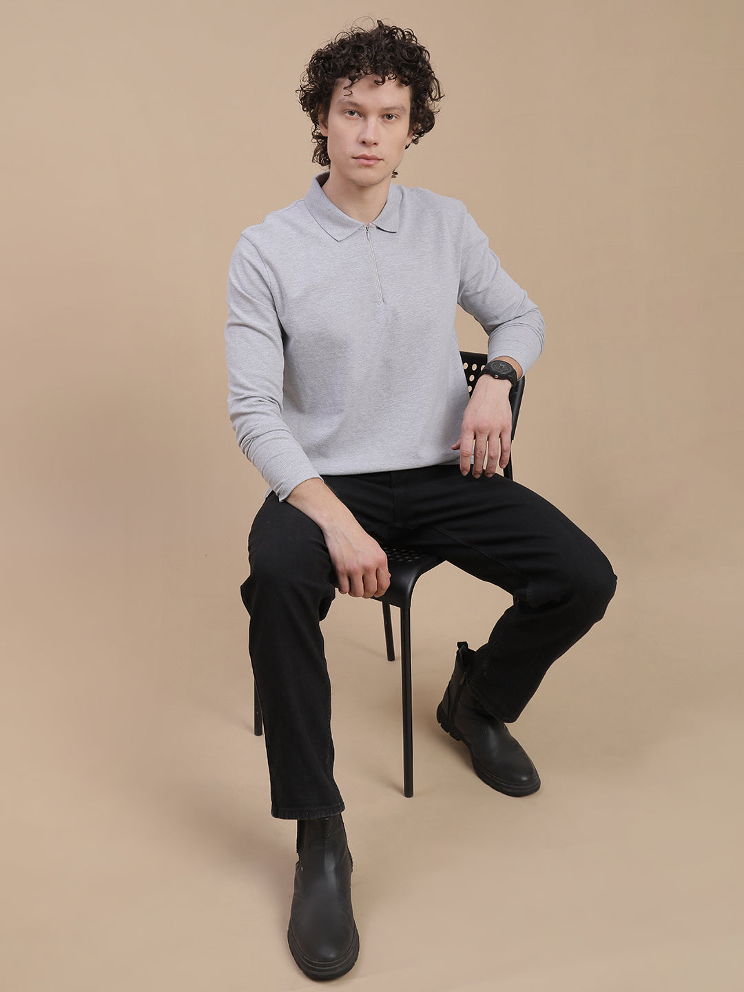 Men Grey Bonded Zipper T-Shirt