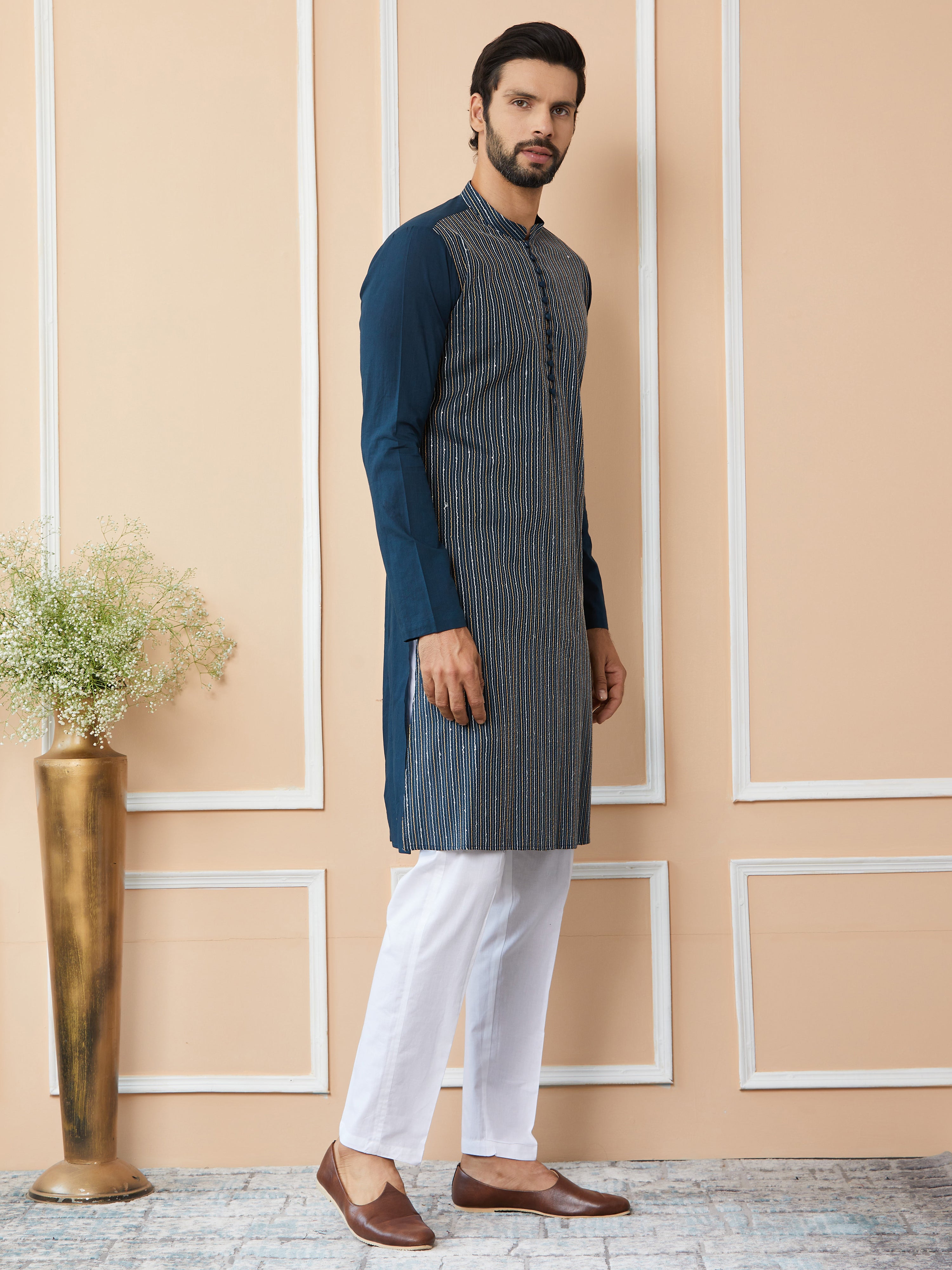 Men Dark Blue Thread & Sequin Worked Pure Cotton Straight Kurta