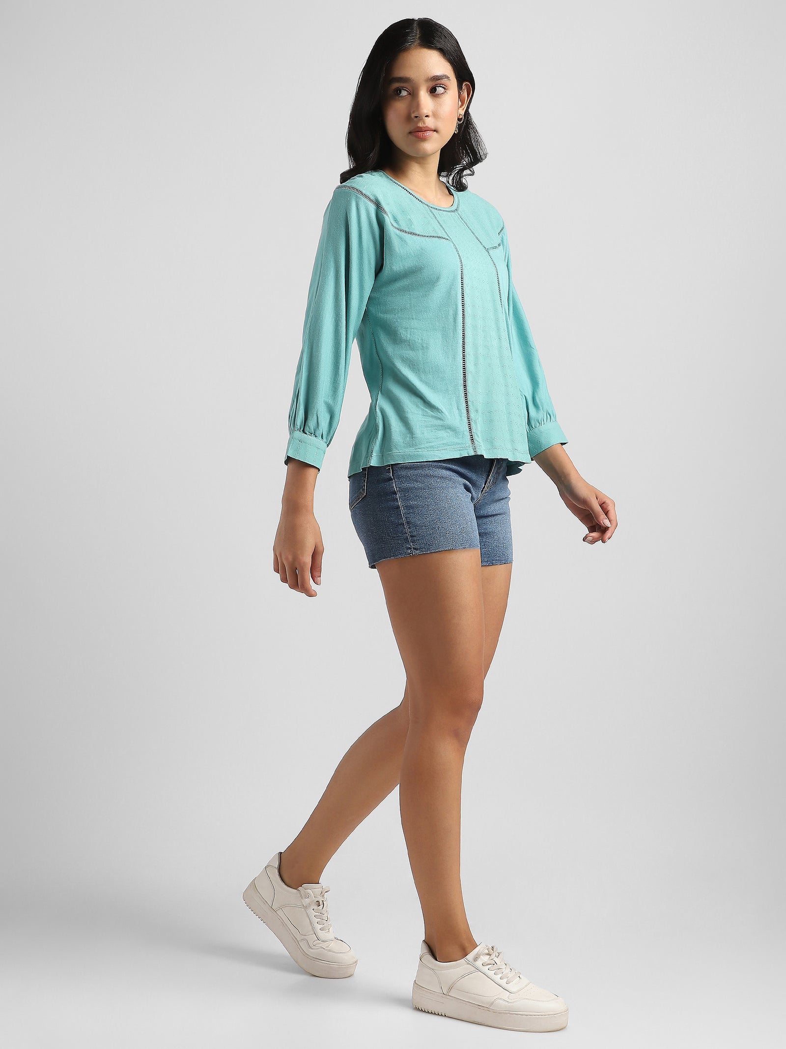Women Green Self Design Fabric Top