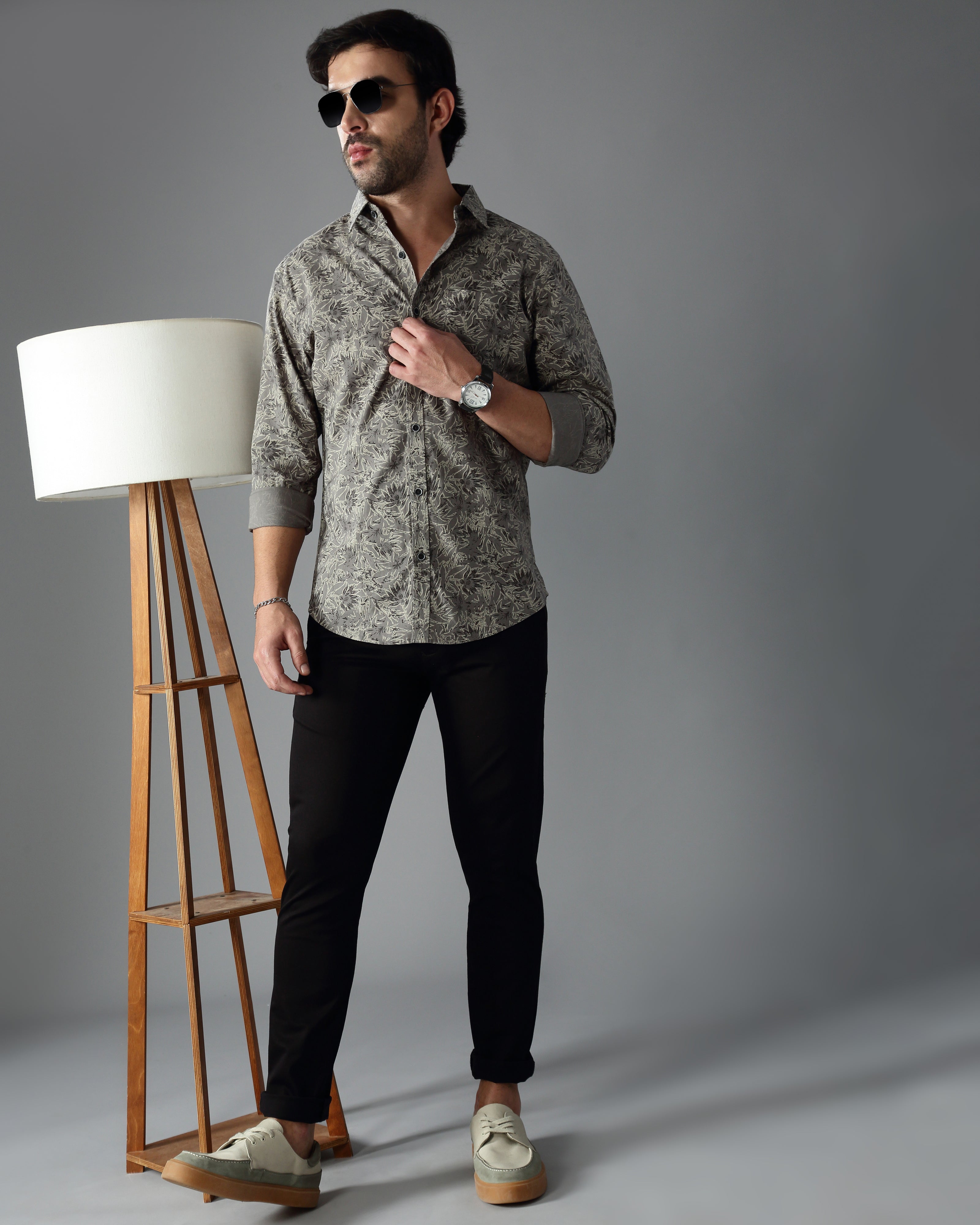 Men Grey Cotton Slim Shirt