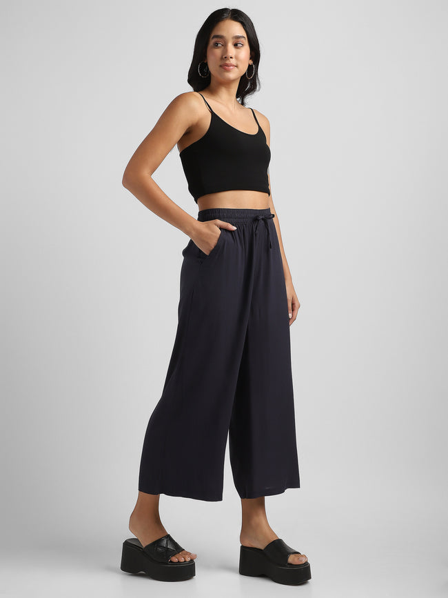 Women Navy  Flowy Wide-Leg Pants with Drawstring