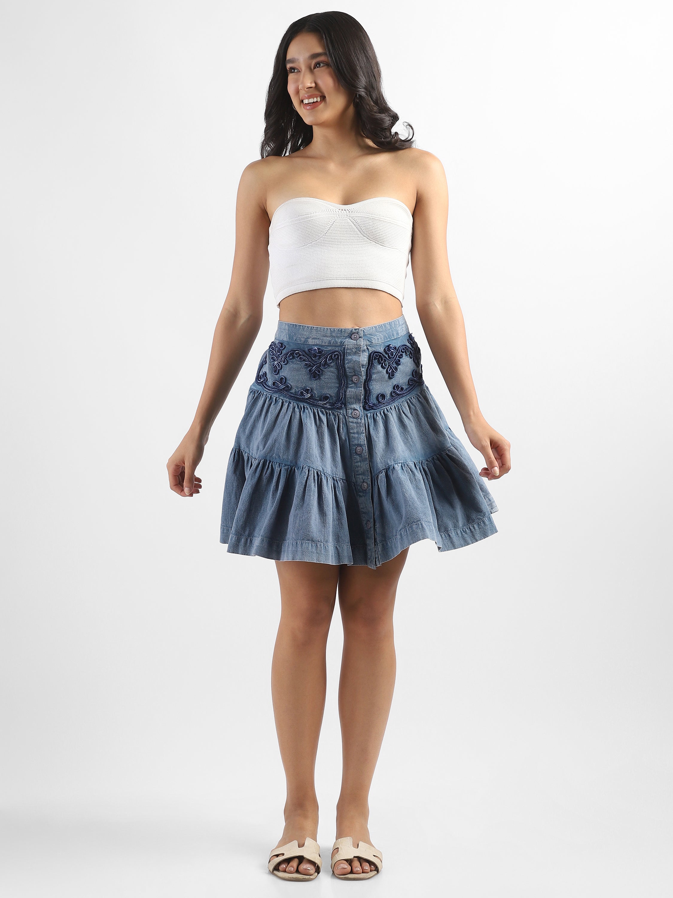 Women Denim Embroidered washed Tier skirt