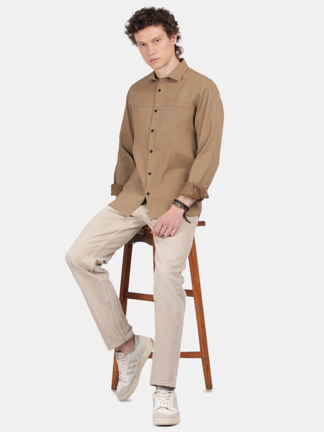 Men Khaki Slim Fit Spread Collar Full Sleeve Casual Shirt