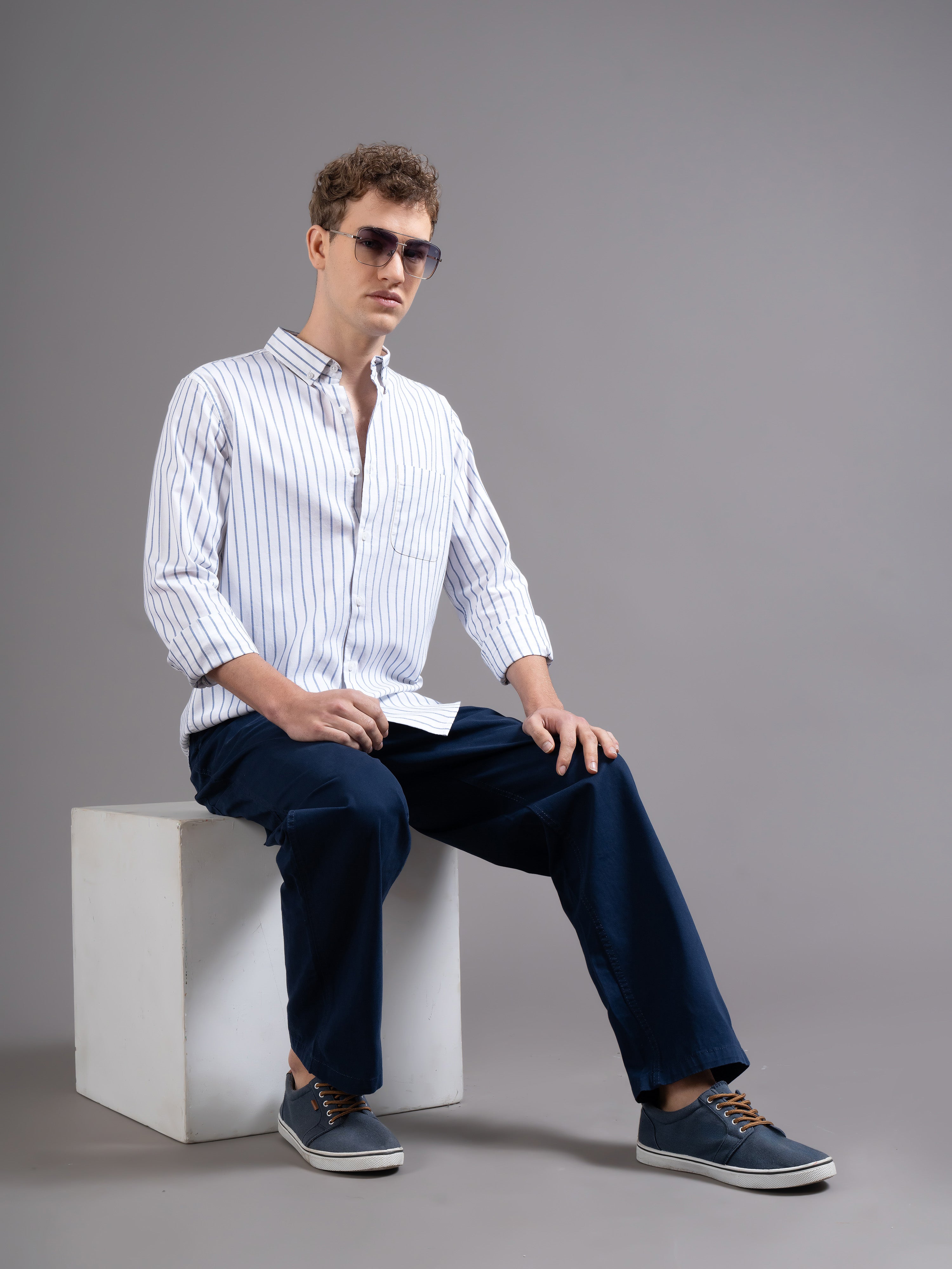 Men White Striped Shirt