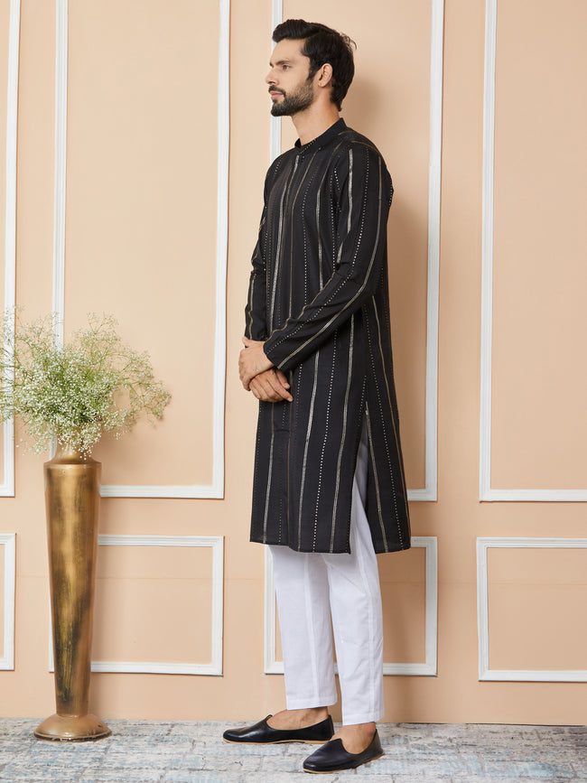 Men Black Sequins Embroidered Pure Chanderi Silk Straight Kurta