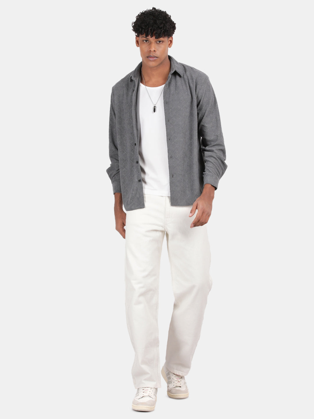 Men Grey Slim Fit Spread Collar Full Sleeve Casual Shirt
