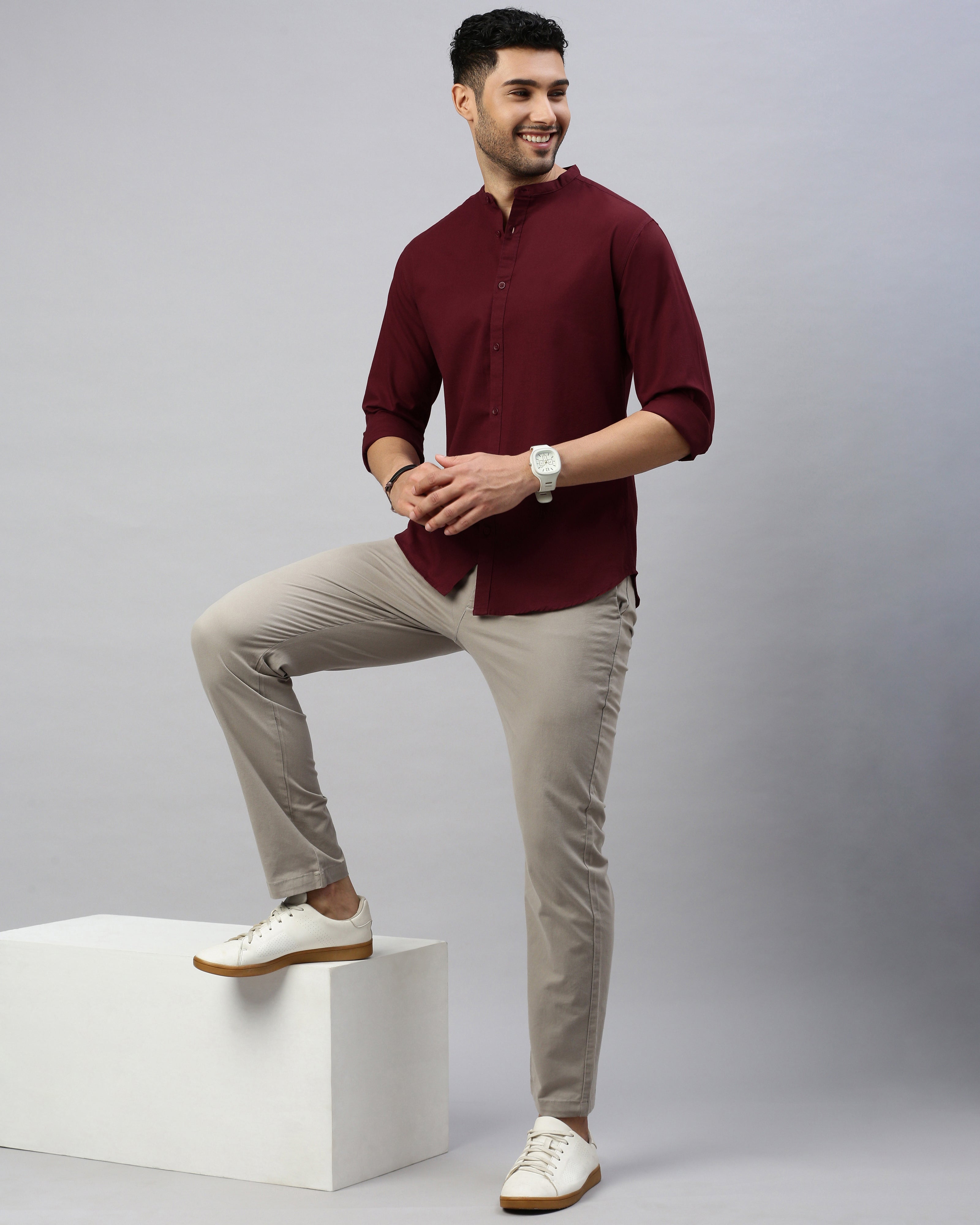 Men Maroon Cotton Slim Shirt