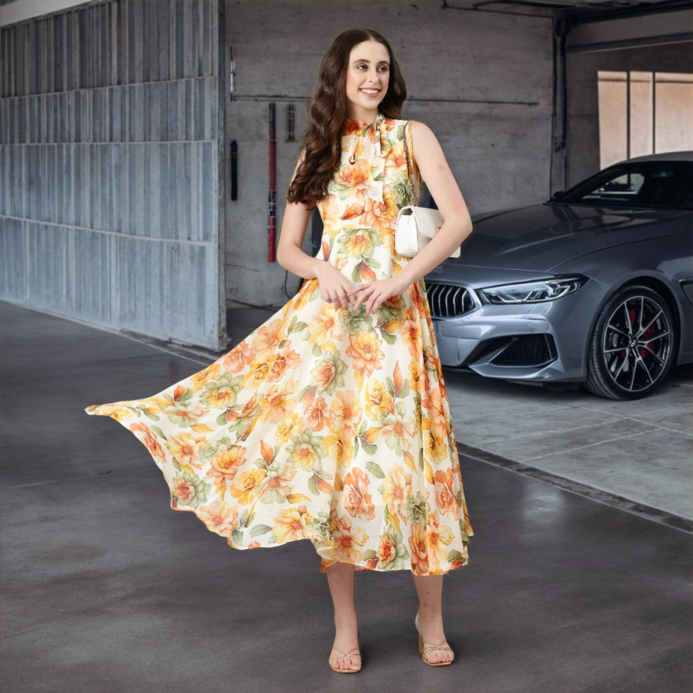 Women Floral Woven Maxi Chiffon Dress